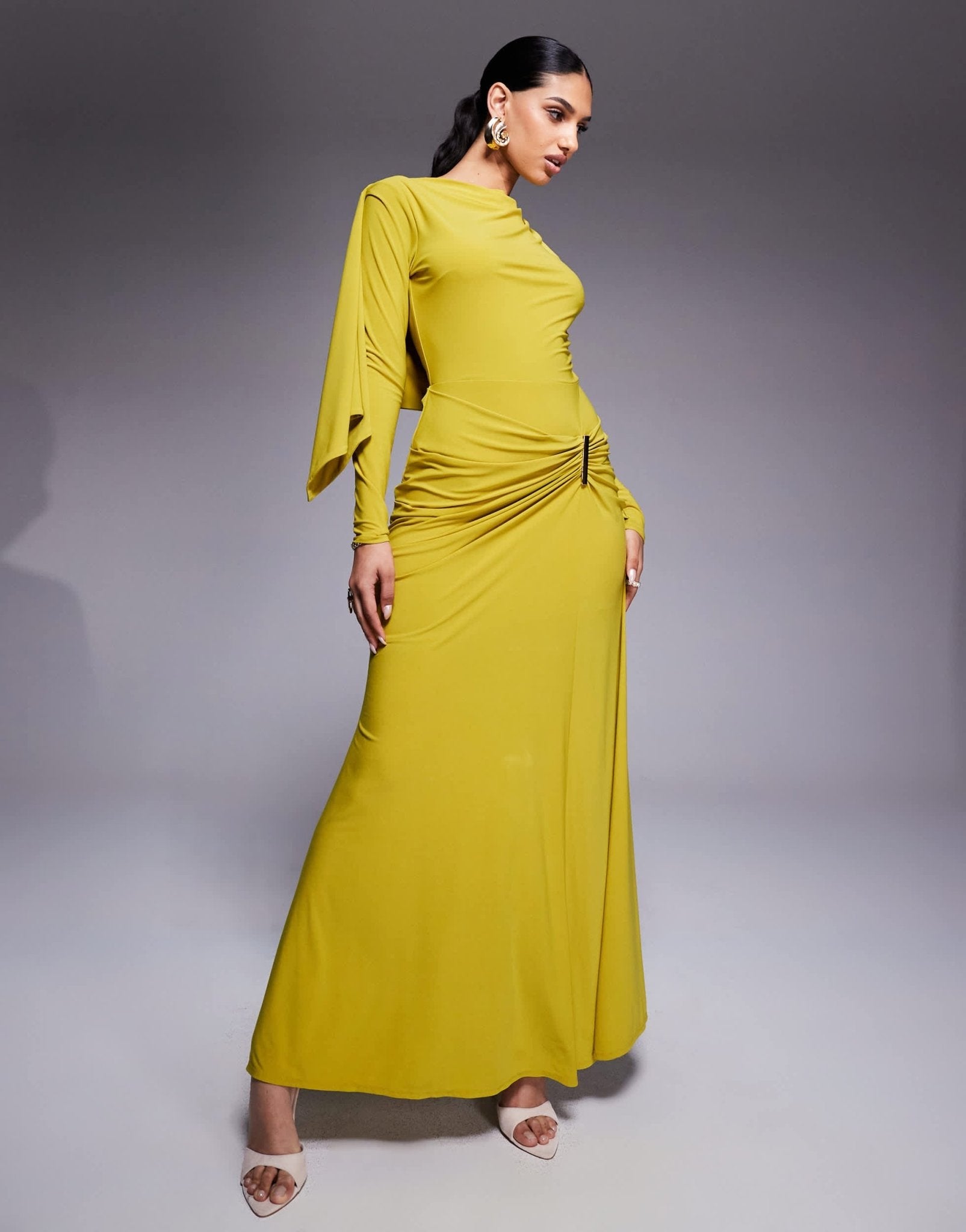 ASOS DESIGN long sleeve drape maxi dress with hitched skirt and trim in lime - ASOS Sample Sale