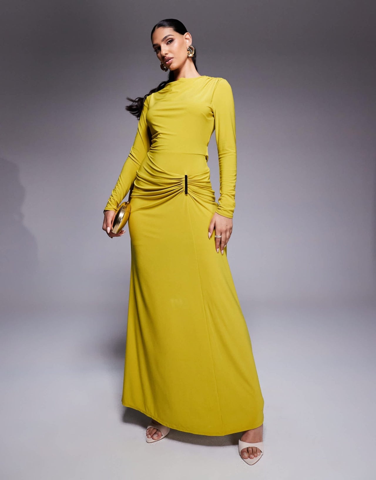 ASOS DESIGN long sleeve drape maxi dress with hitched skirt and trim in lime - ASOS Sample Sale