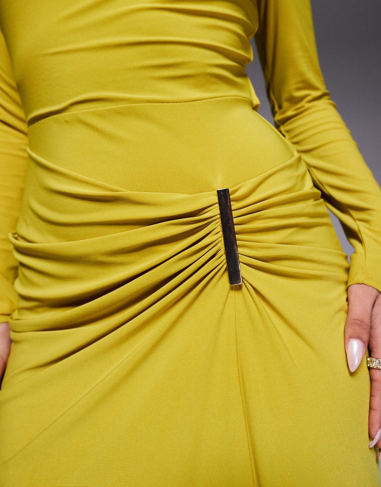 ASOS DESIGN long sleeve drape maxi dress with hitched skirt and trim in lime - ASOS Sample Sale