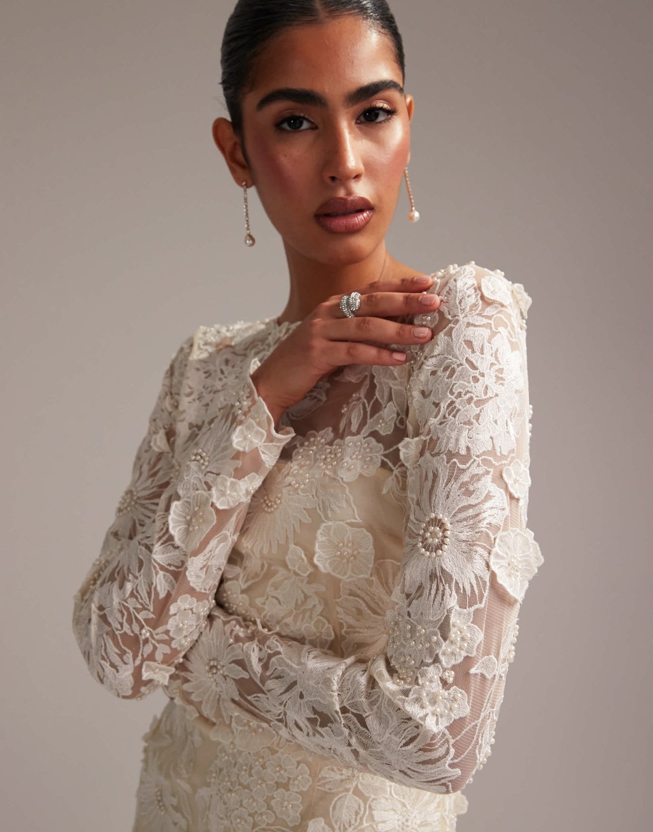 ASOS DESIGN long sleeve embroidered mini wedding dress in cream - ASOS Sample Sale