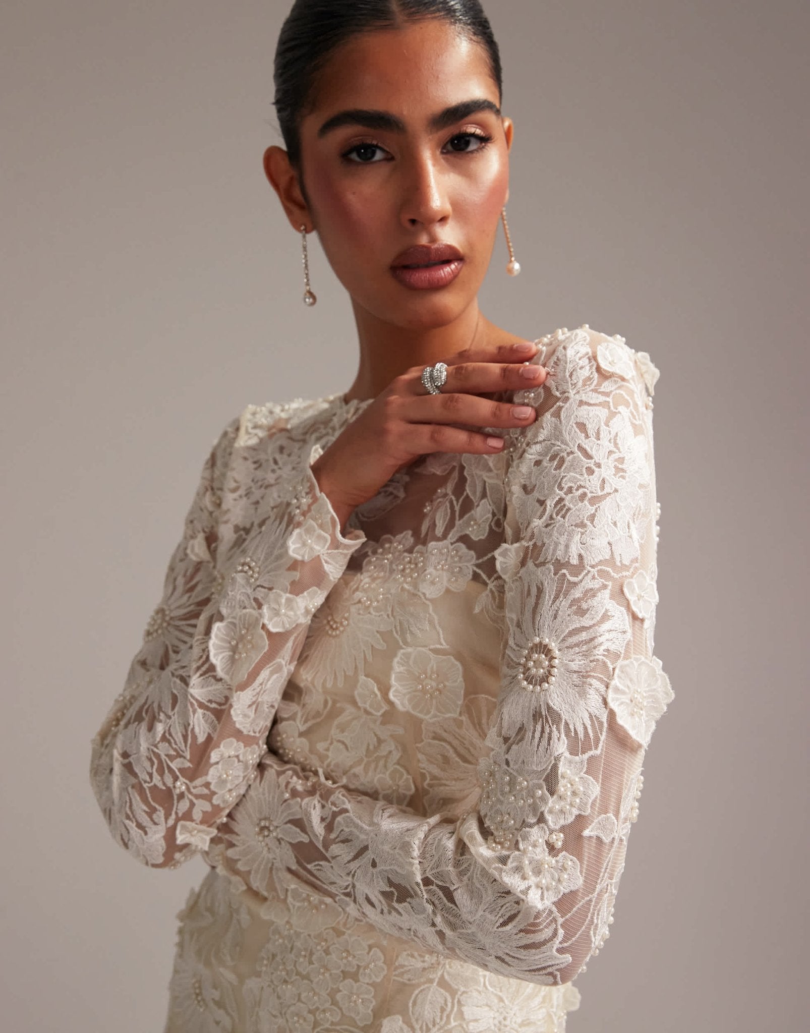 ASOS DESIGN long sleeve embroidered mini wedding dress in cream - ASOS Sample Sale
