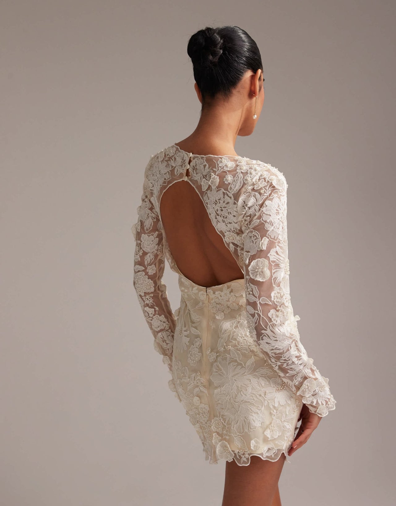 ASOS DESIGN long sleeve embroidered mini wedding dress in cream - ASOS Sample Sale