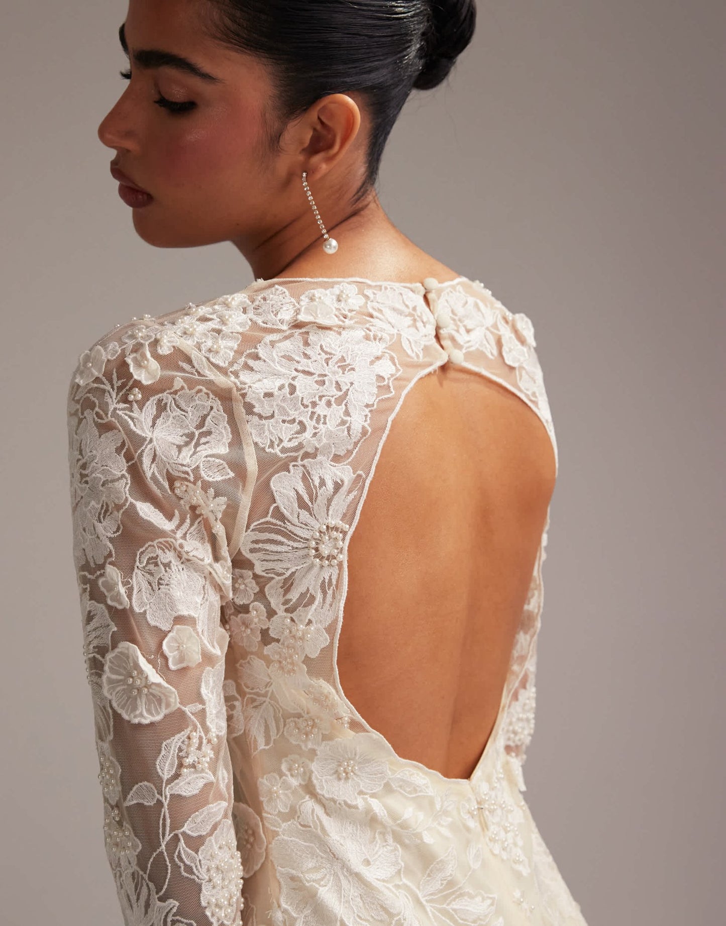ASOS DESIGN long sleeve embroidered mini wedding dress in cream - ASOS Sample Sale