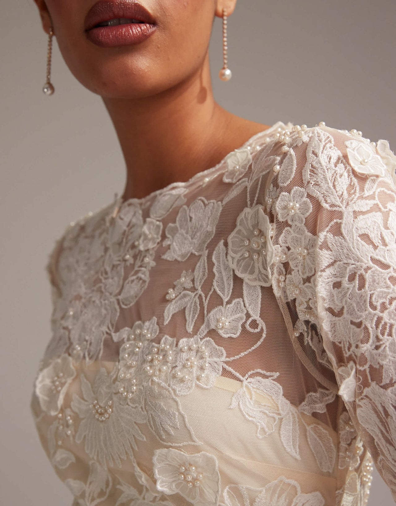 ASOS DESIGN long sleeve embroidered mini wedding dress in cream - ASOS Sample Sale