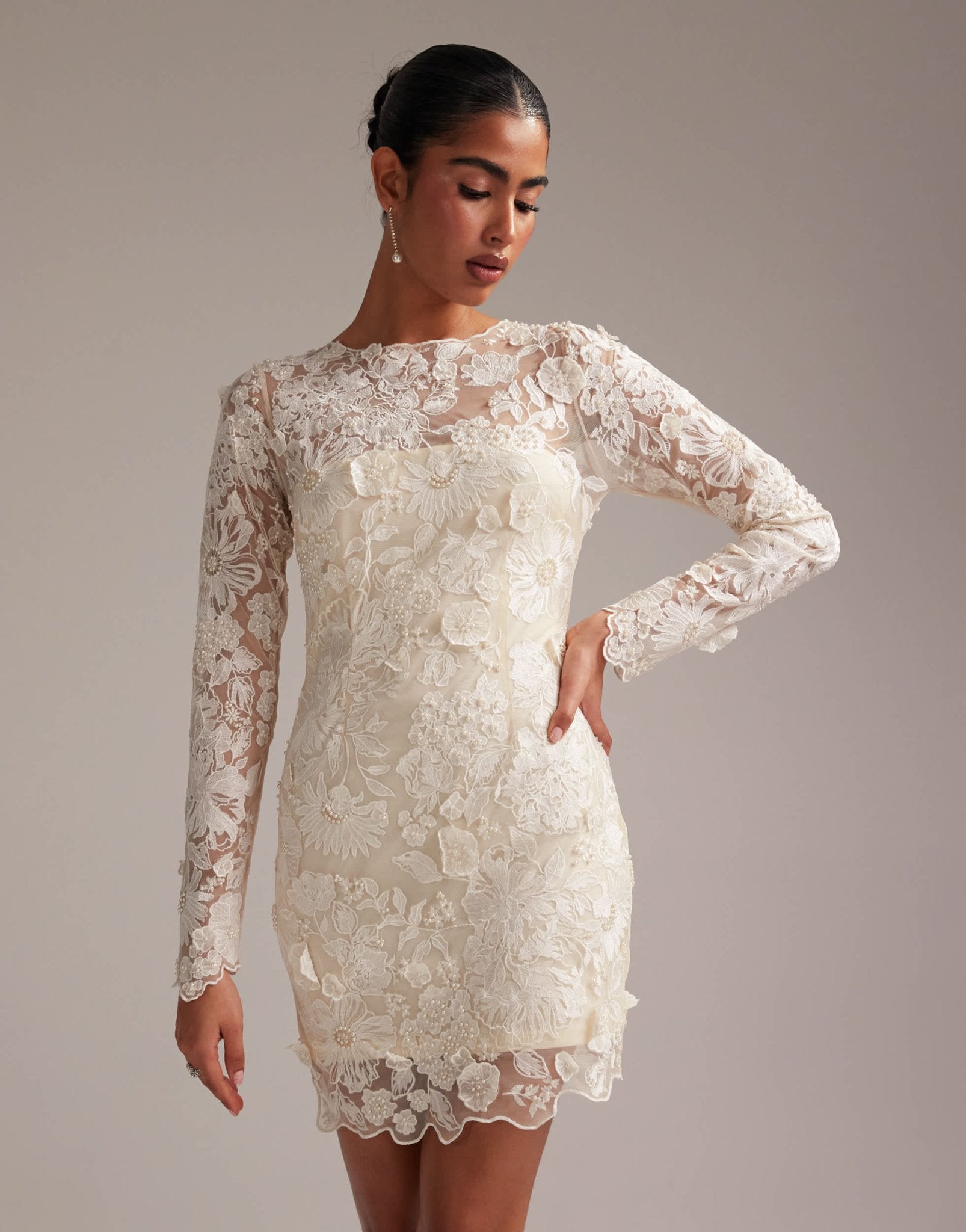 ASOS DESIGN long sleeve embroidered mini wedding dress in cream - ASOS Sample Sale