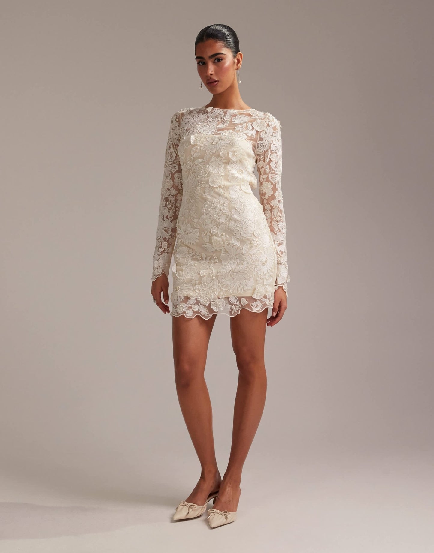ASOS DESIGN long sleeve embroidered mini wedding dress in cream - ASOS Sample Sale