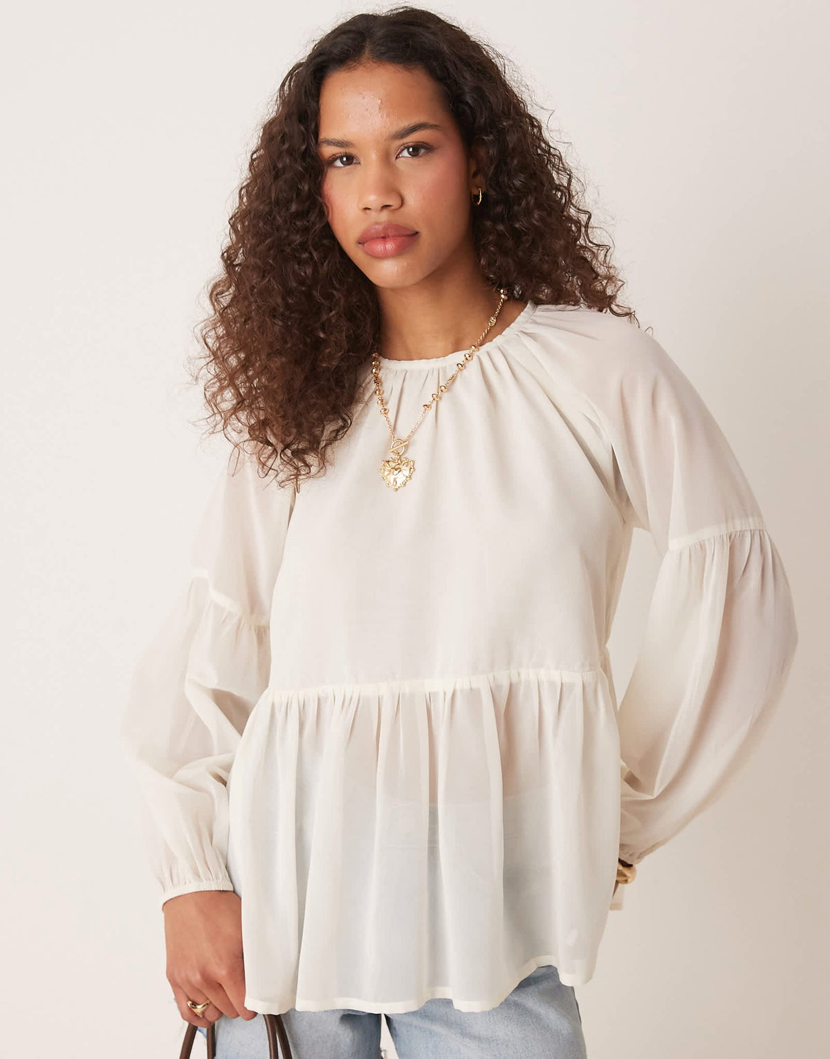 ASOS DESIGN long sleeve floaty smock top in cream - ASOS Sample Sale