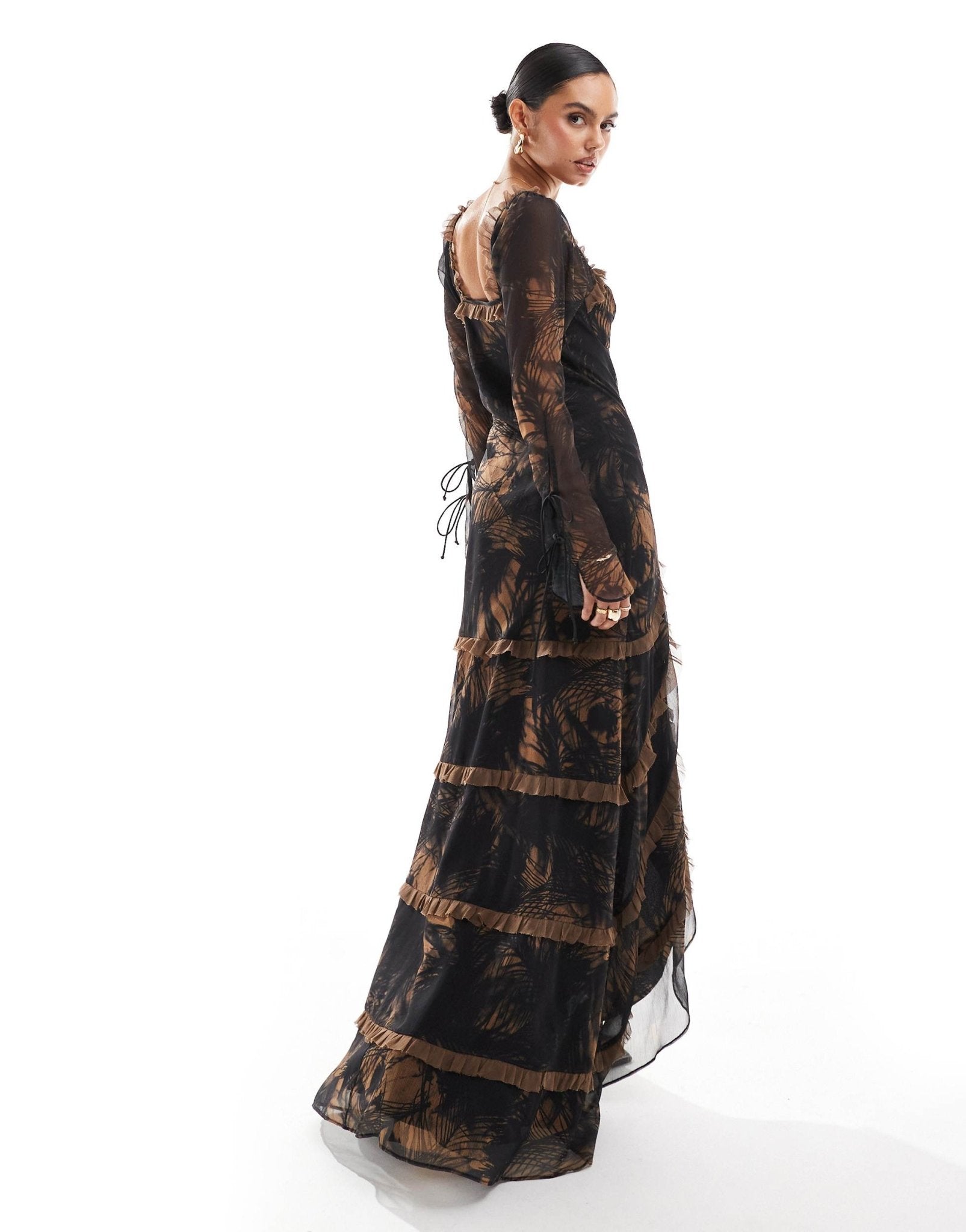 ASOS DESIGN long sleeve frill high low maxi dress in abstract print - ASOS Sample Sale