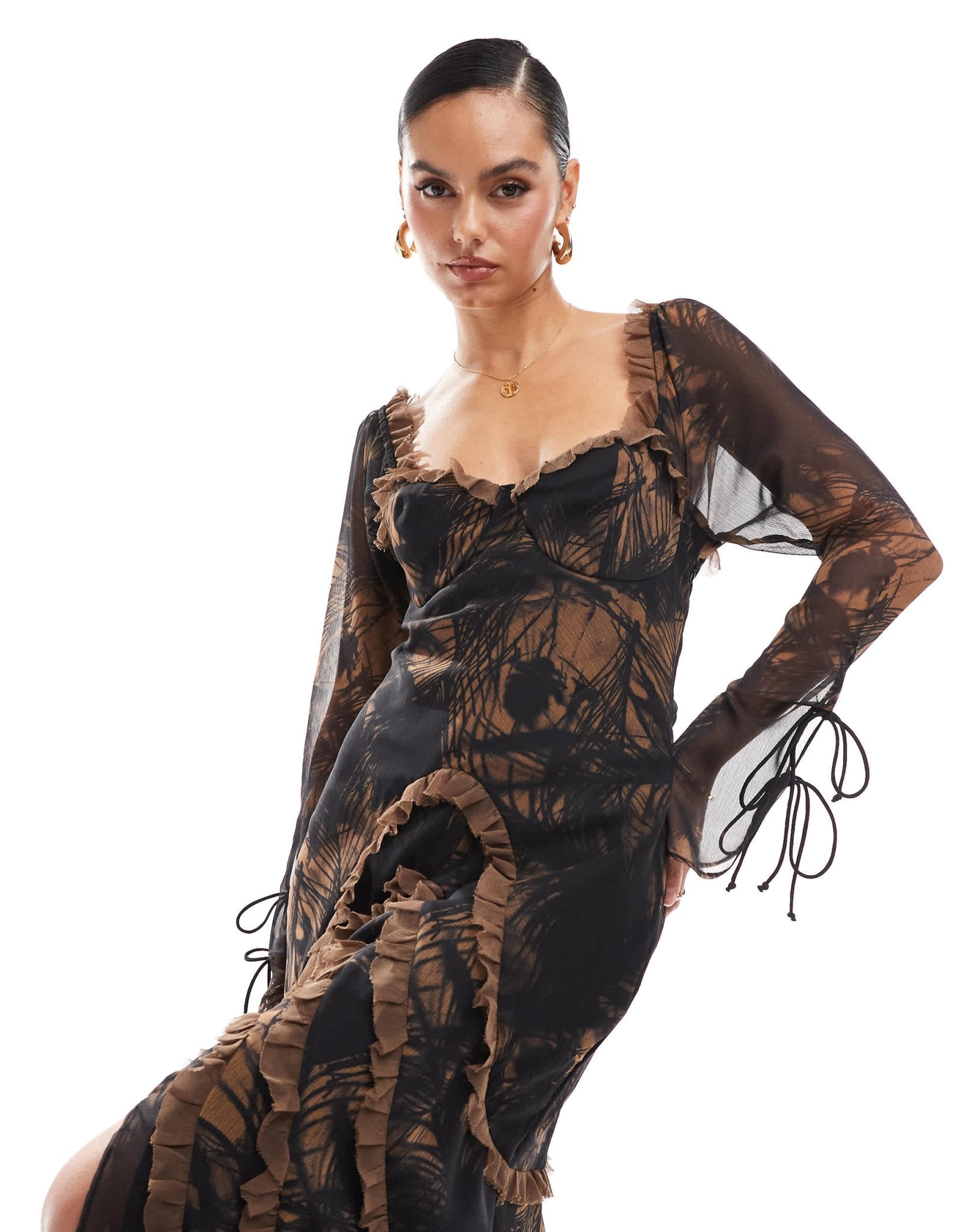 ASOS DESIGN long sleeve frill high low maxi dress in abstract print - ASOS Sample Sale