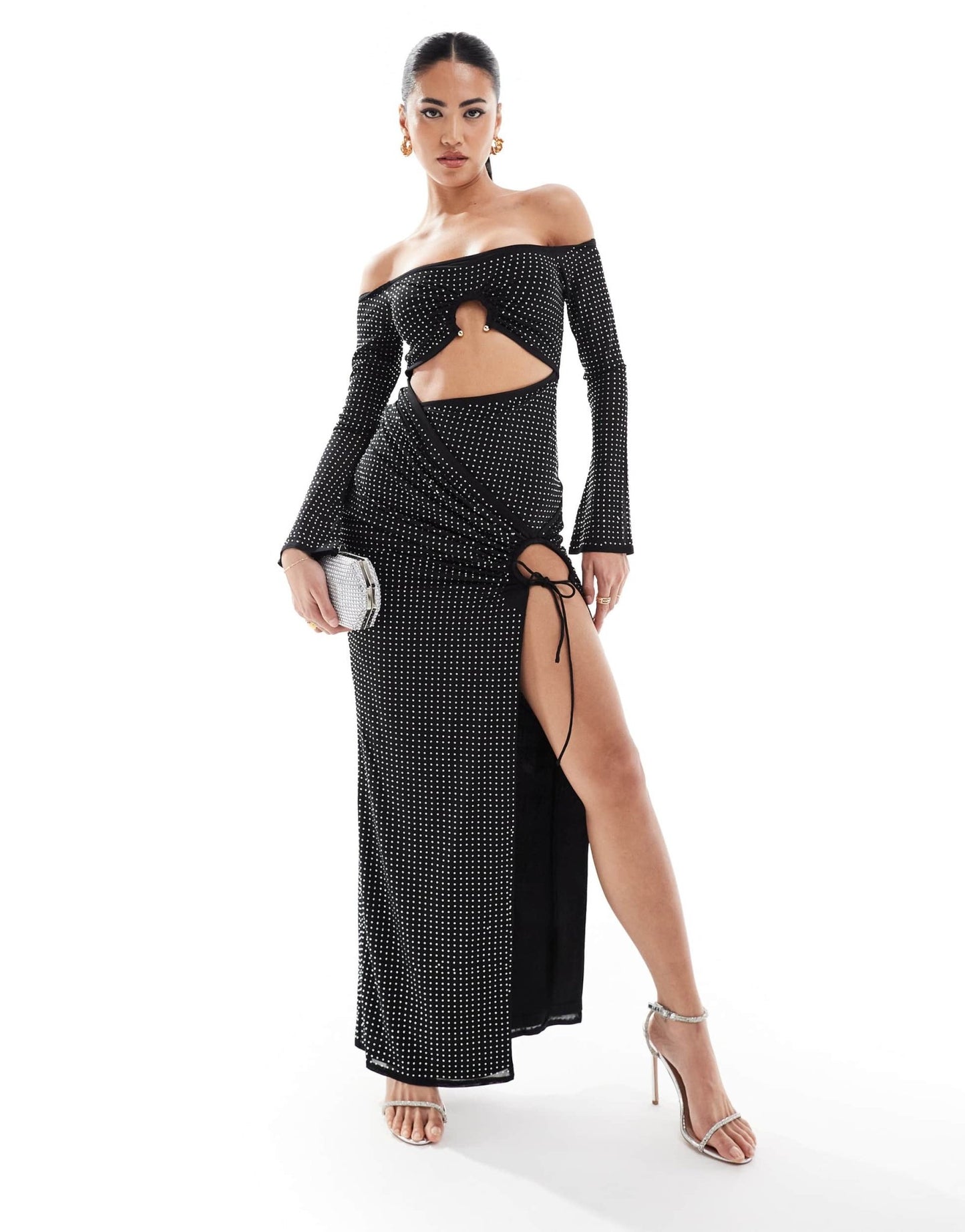 ASOS DESIGN long sleeve hotfix bardot trim detail maxi dress in black - ASOS Sample Sale