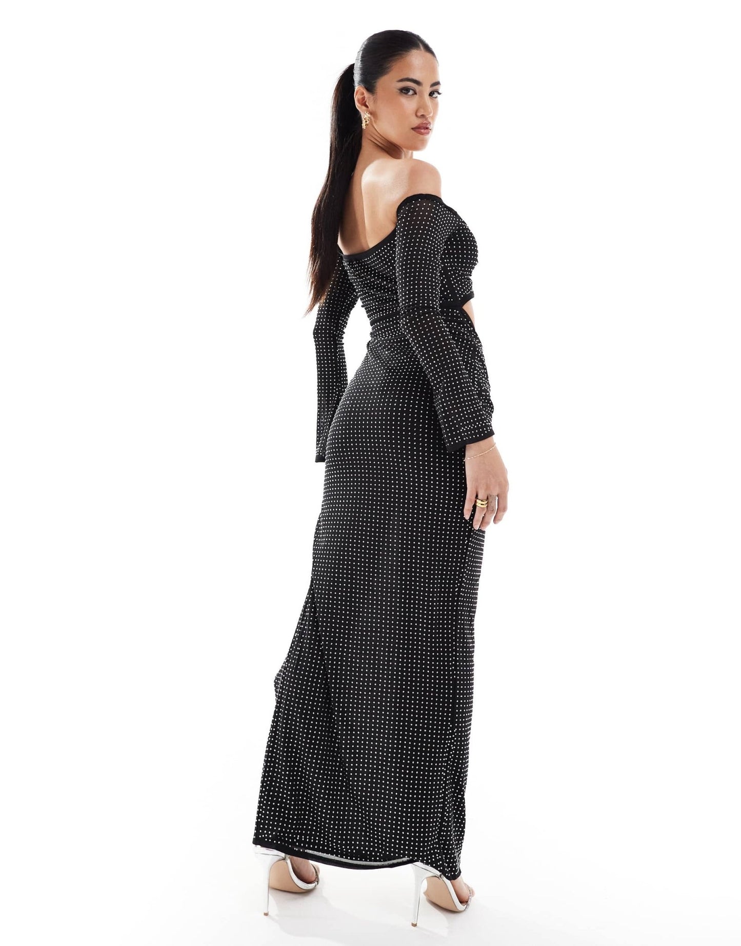 ASOS DESIGN long sleeve hotfix bardot trim detail maxi dress in black - ASOS Sample Sale
