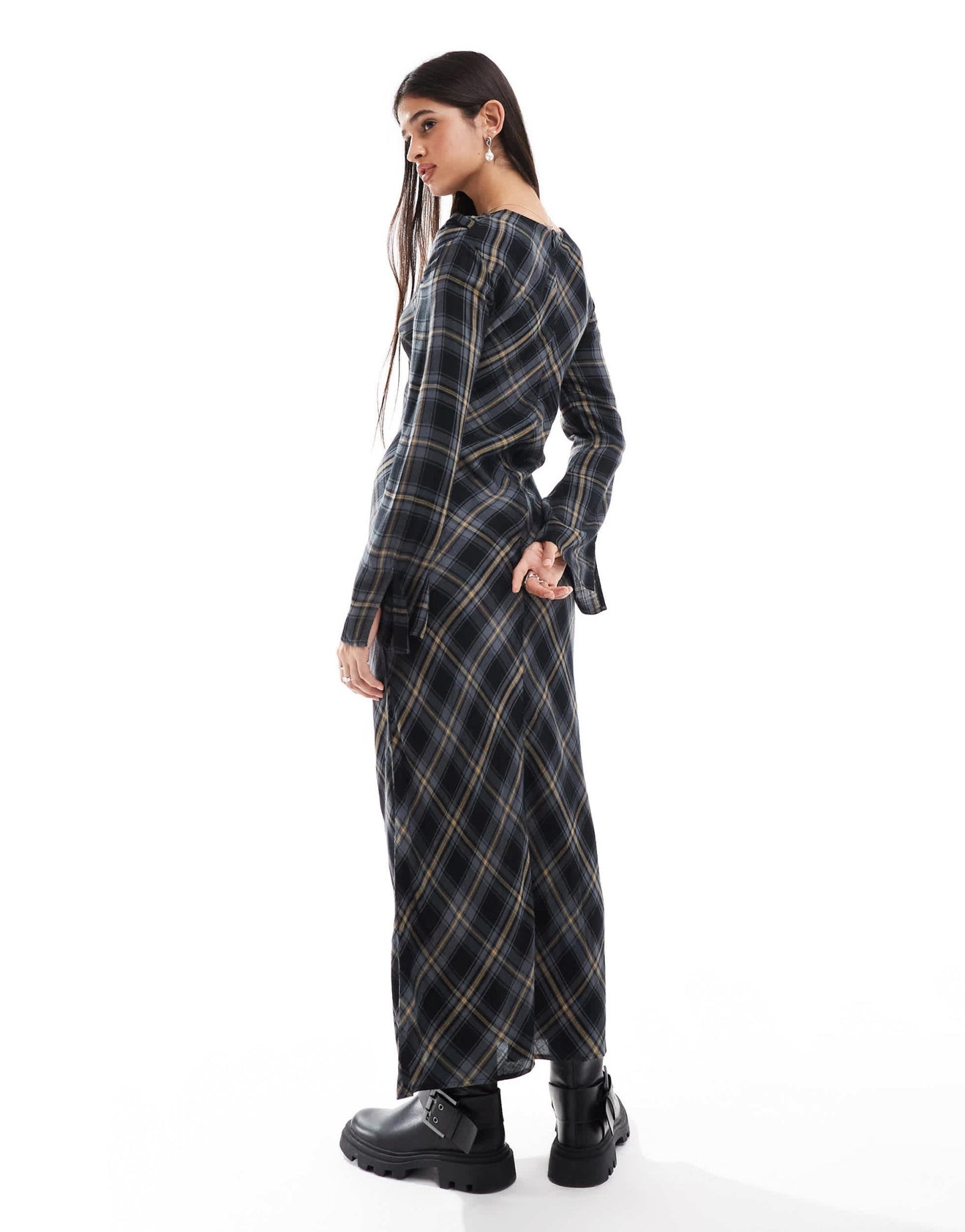 ASOS DESIGN long sleeve maxi dress with cowl neck in navy check - ASOS Sample Sale