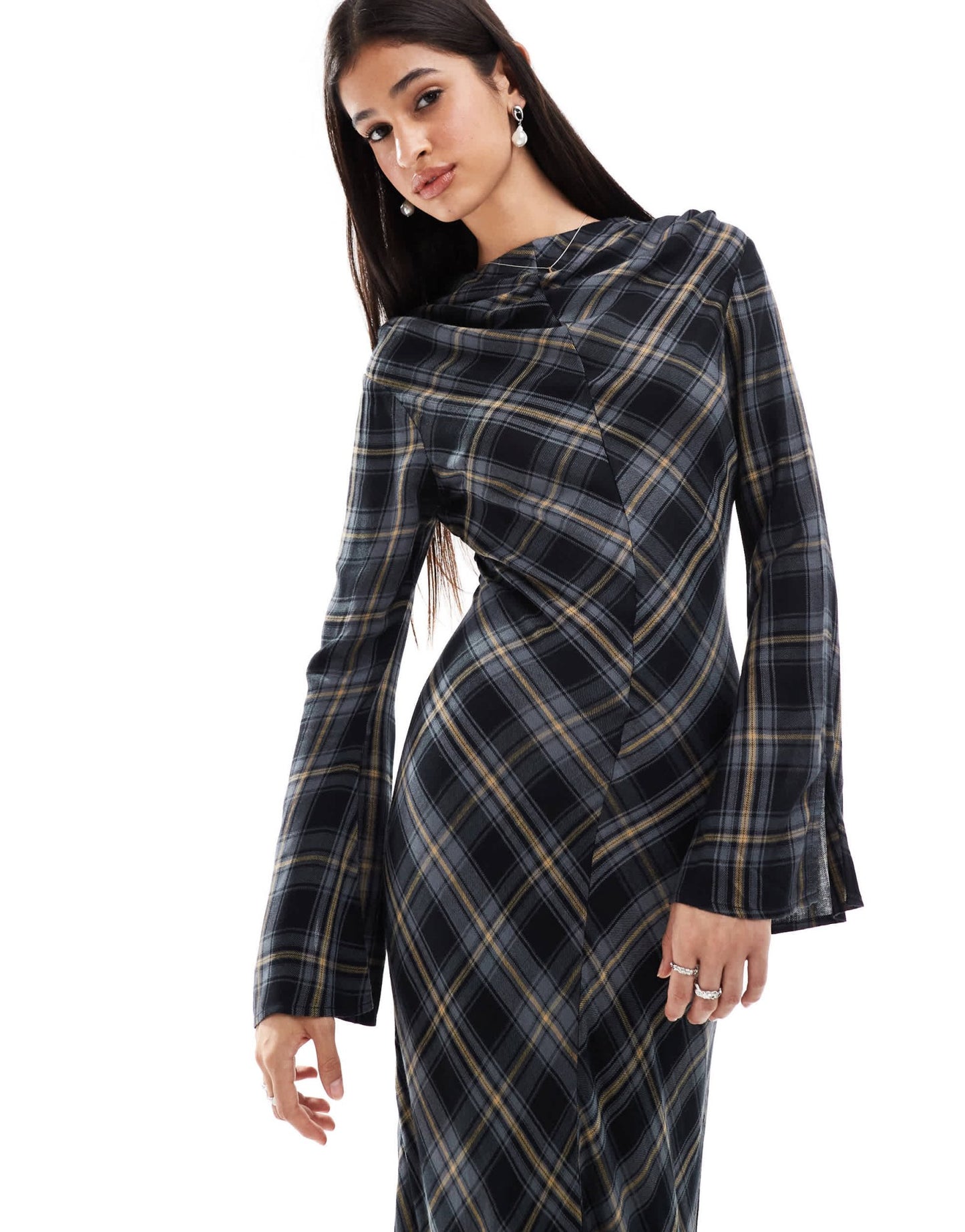 ASOS DESIGN long sleeve maxi dress with cowl neck in navy check - ASOS Sample Sale