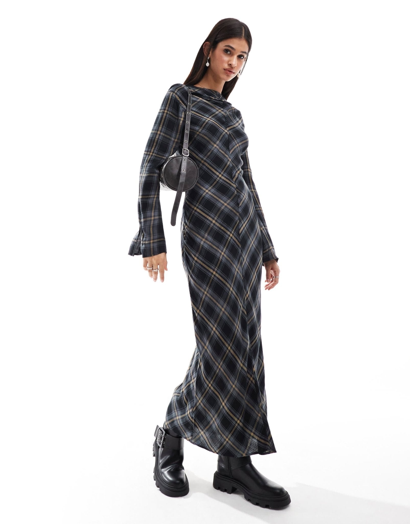 ASOS DESIGN long sleeve maxi dress with cowl neck in navy check - ASOS Sample Sale