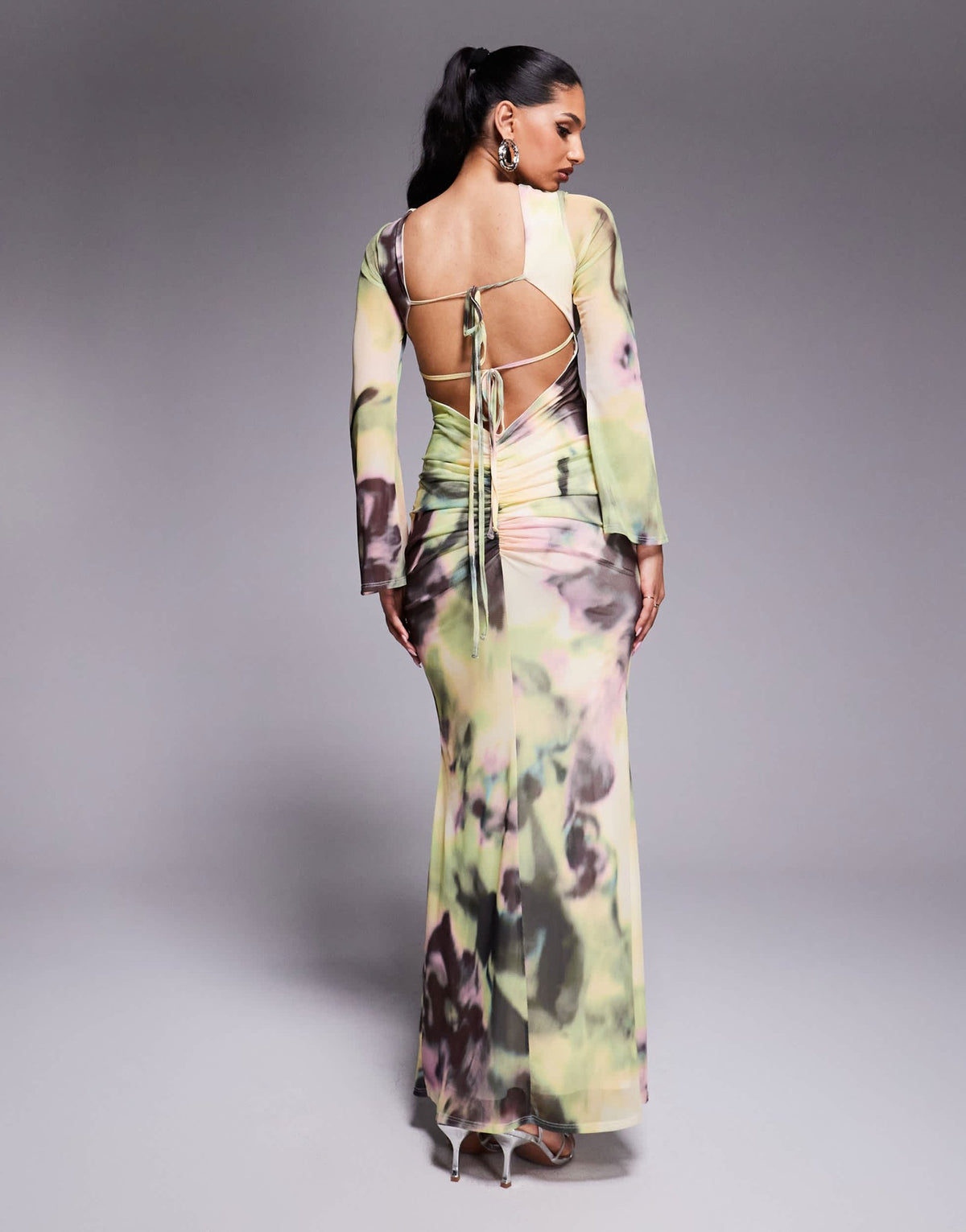ASOS DESIGN long sleeve mesh maxi dress with double tie back in yellow and green floral print - ASOS Sample Sale