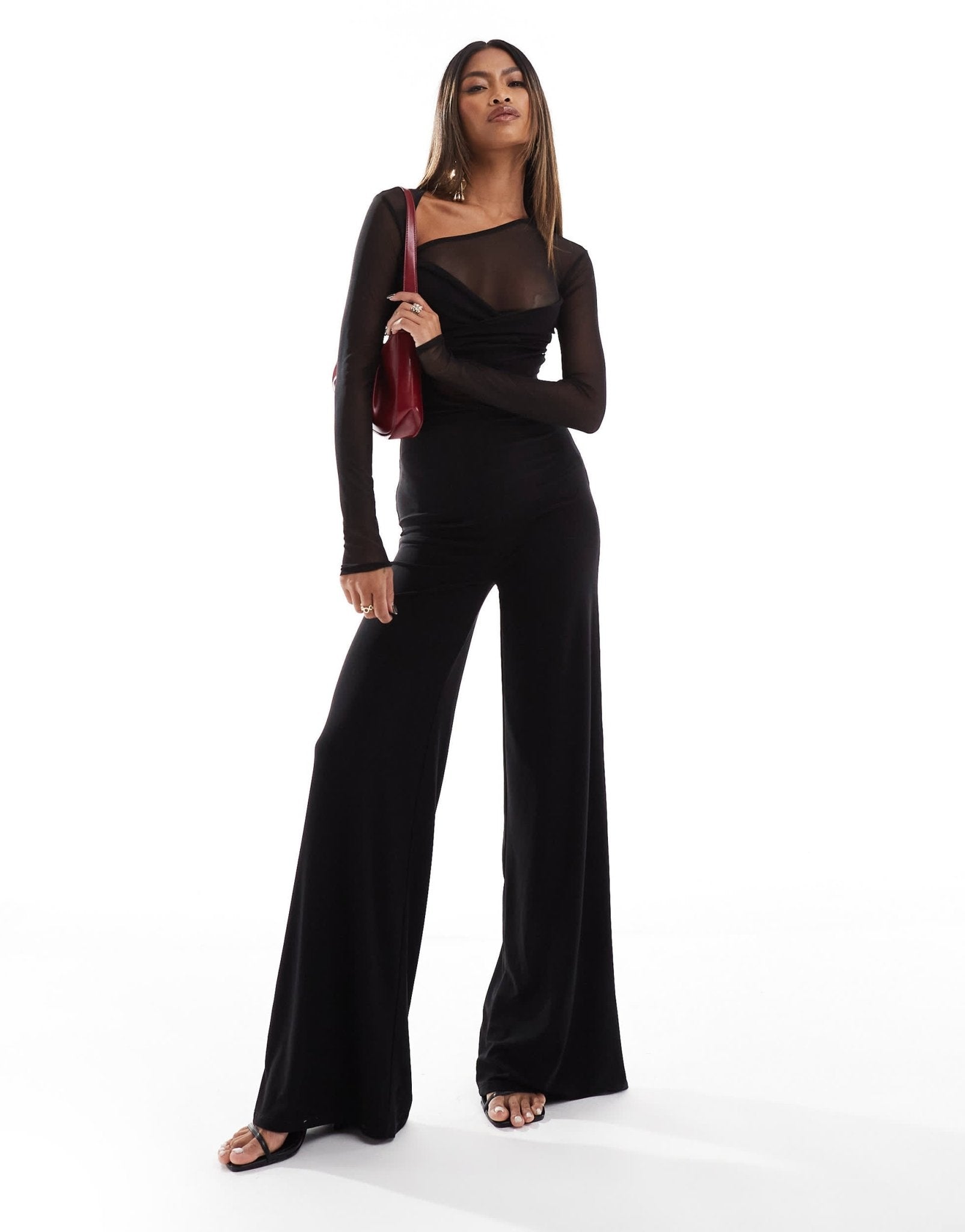 ASOS DESIGN long sleeve mesh mix jumpsuit with twist bust in black - ASOS Sample Sale