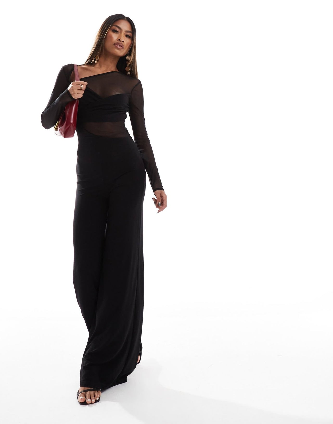 ASOS DESIGN long sleeve mesh mix jumpsuit with twist bust in black - ASOS Sample Sale