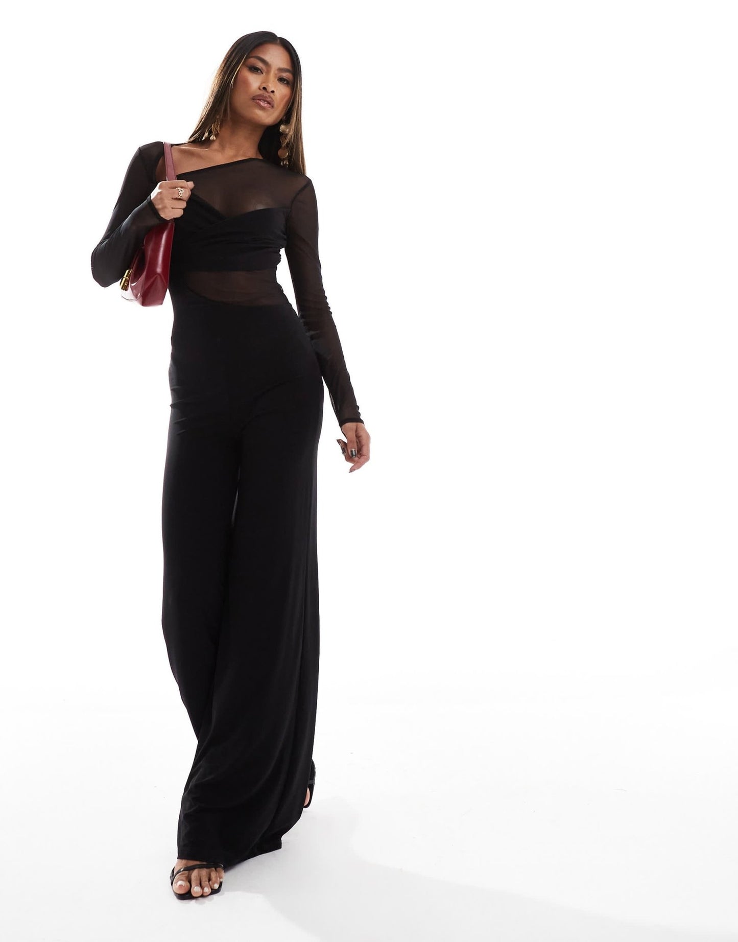 ASOS DESIGN long sleeve mesh mix jumpsuit with twist bust in black - ASOS Sample Sale