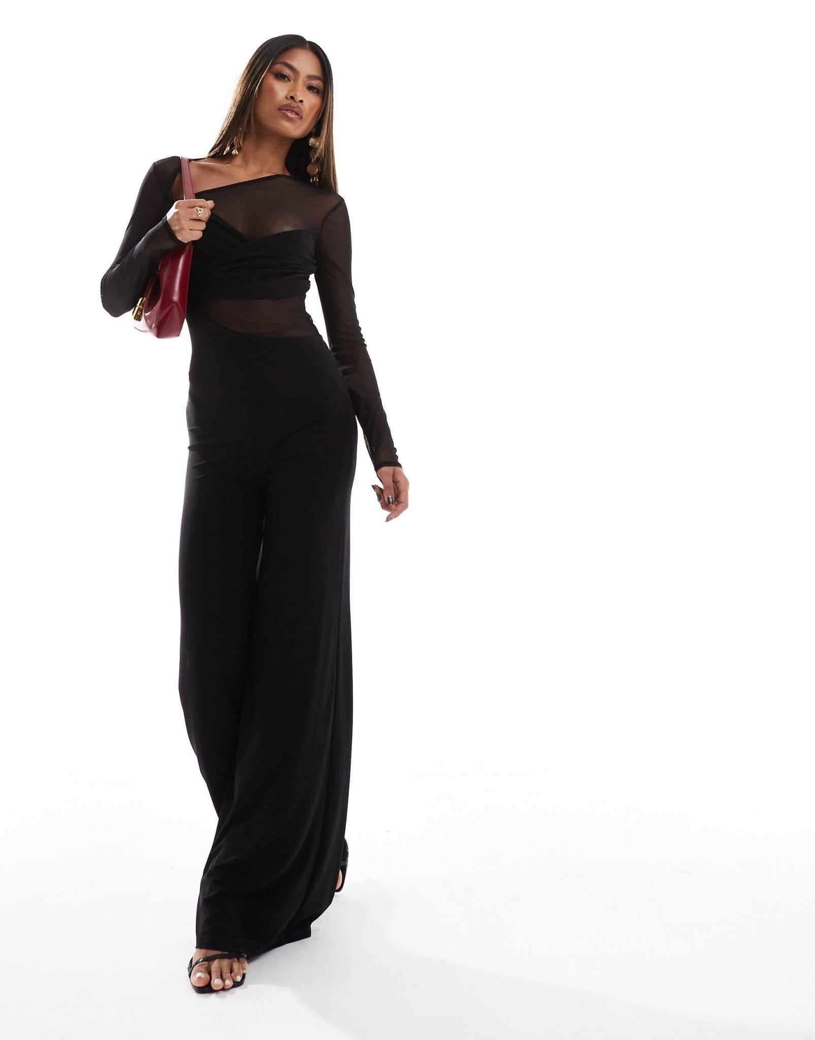ASOS DESIGN long sleeve mesh mix jumpsuit with twist bust in black - ASOS Sample Sale