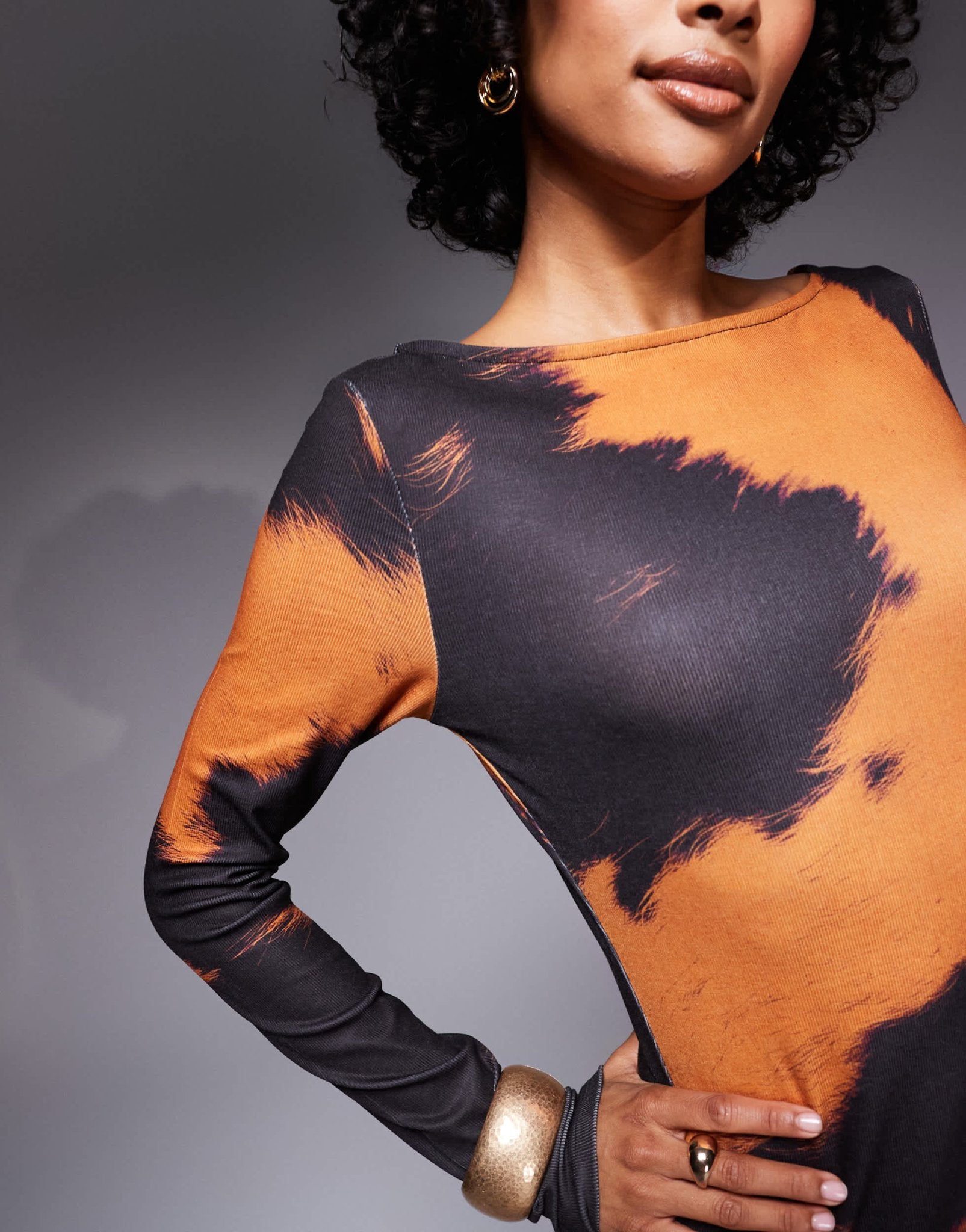 ASOS DESIGN long sleeve midi dress in orange cow print - ASOS Sample Sale