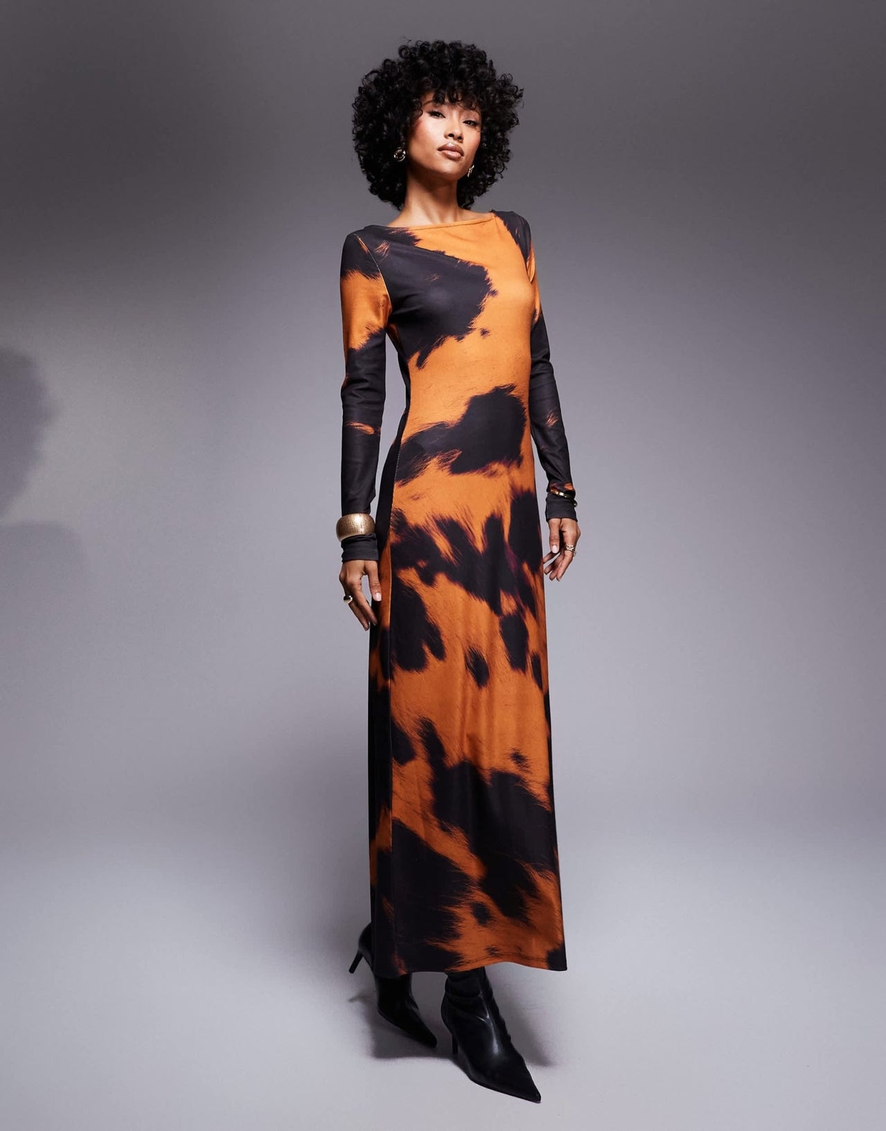 ASOS DESIGN long sleeve midi dress in orange cow print - ASOS Sample Sale