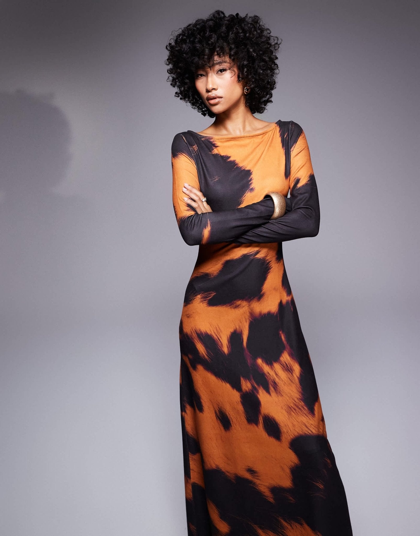 ASOS DESIGN long sleeve midi dress in orange cow print - ASOS Sample Sale