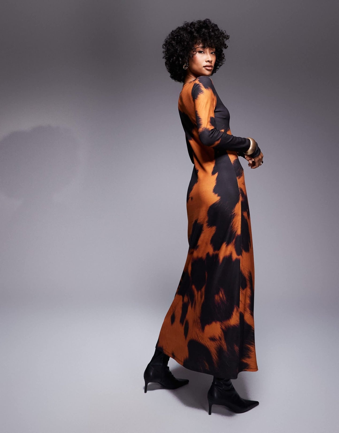 ASOS DESIGN long sleeve midi dress in orange cow print - ASOS Sample Sale
