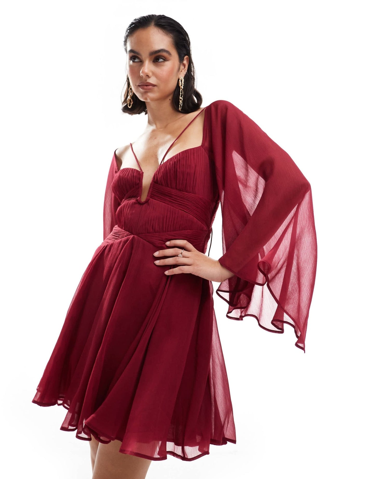 ASOS DESIGN long sleeve mini dress with godets in burgundy - ASOS Sample Sale