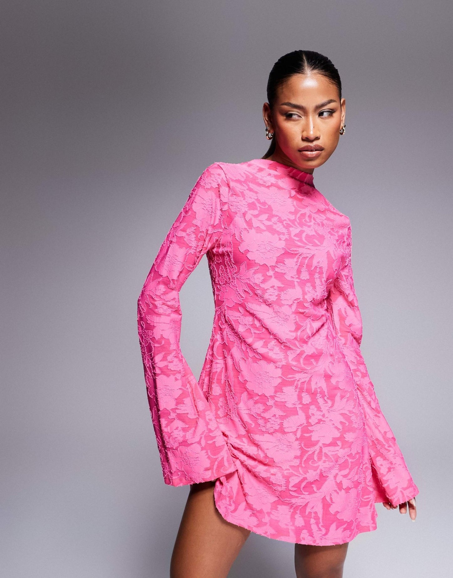 ASOS DESIGN long sleeve mini dress with high neck and open back in pink devore - ASOS Sample Sale