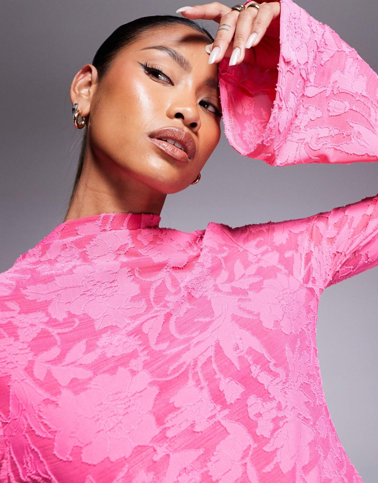 ASOS DESIGN long sleeve mini dress with high neck and open back in pink devore - ASOS Sample Sale