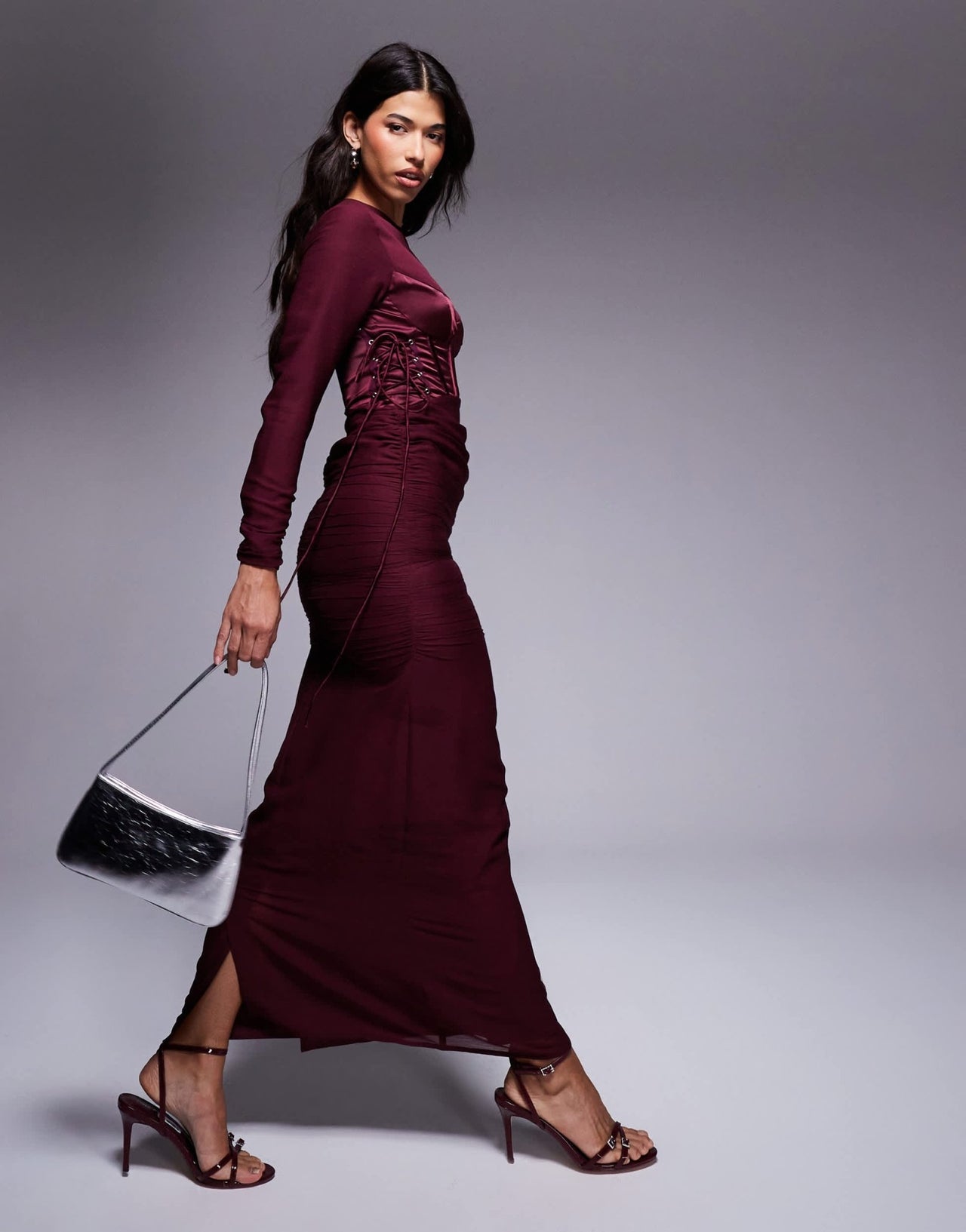 ASOS DESIGN long sleeve ruched maxi dress with satin corset detail in burgundy - ASOS Sample Sale