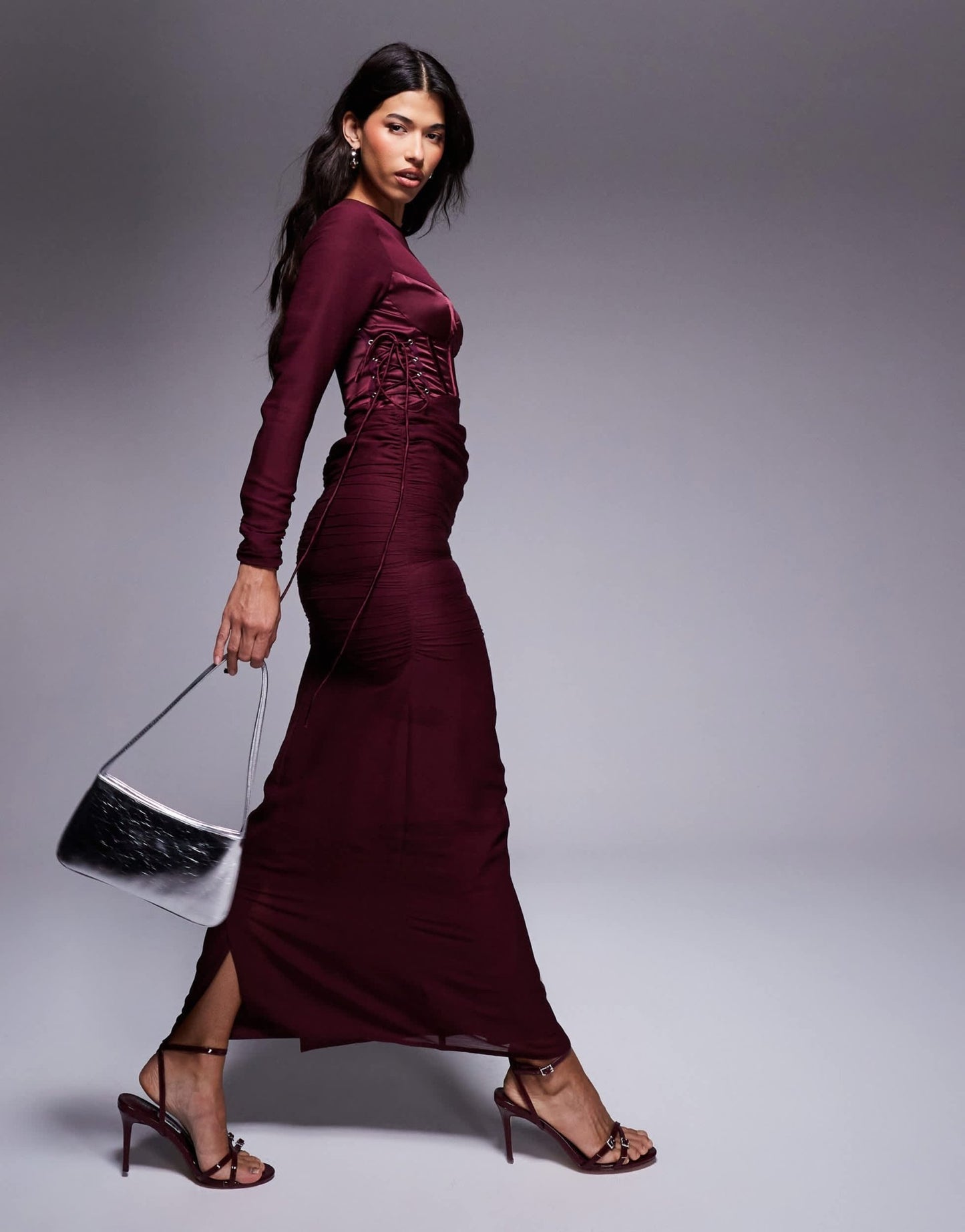 ASOS DESIGN long sleeve ruched maxi dress with satin corset detail in burgundy - ASOS Sample Sale
