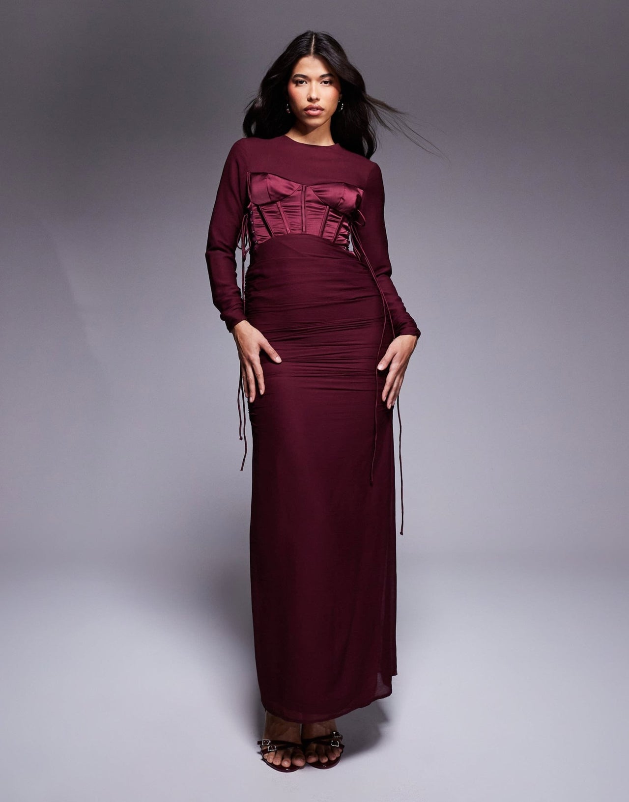 ASOS DESIGN long sleeve ruched maxi dress with satin corset detail in burgundy - ASOS Sample Sale