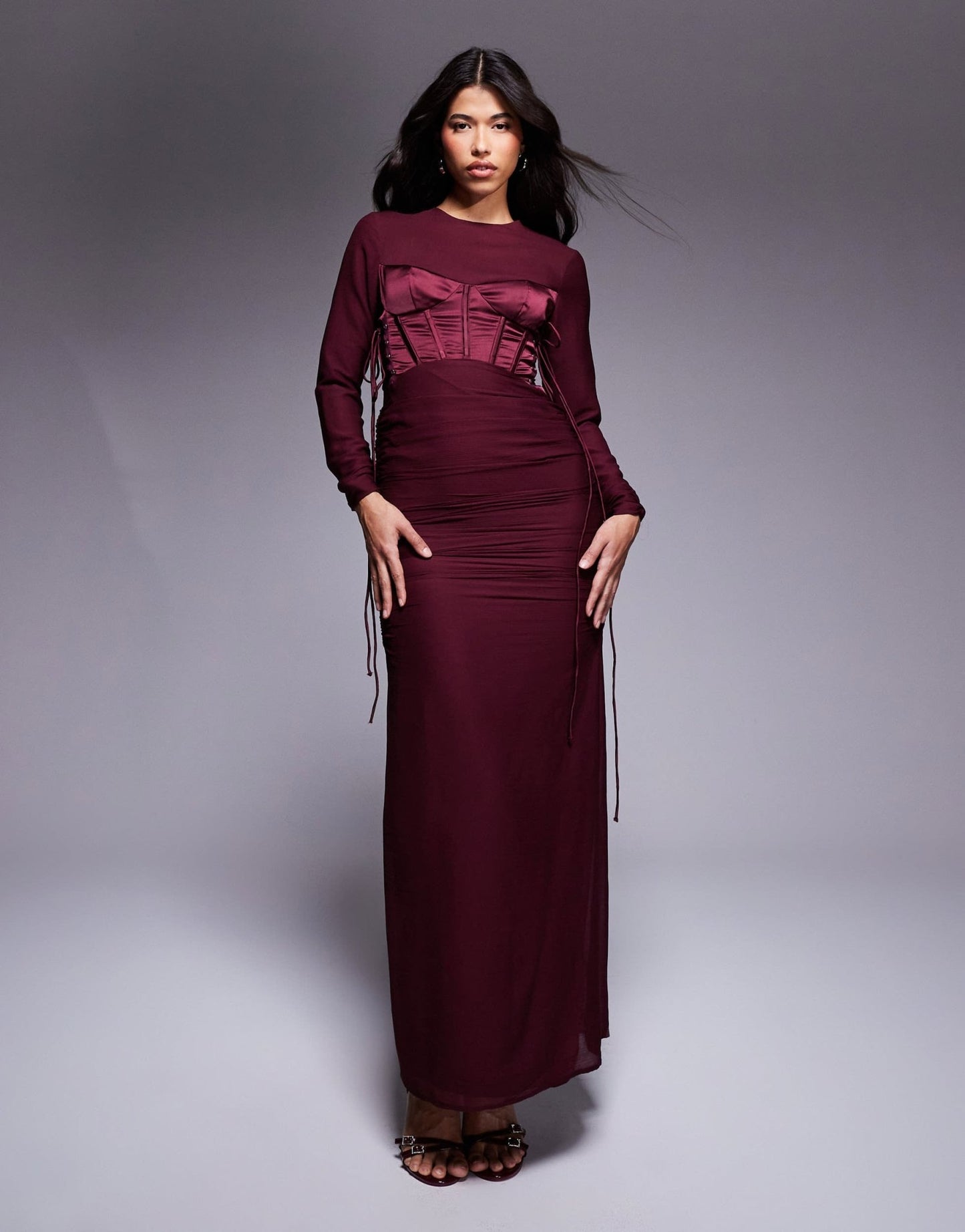 ASOS DESIGN long sleeve ruched maxi dress with satin corset detail in burgundy - ASOS Sample Sale