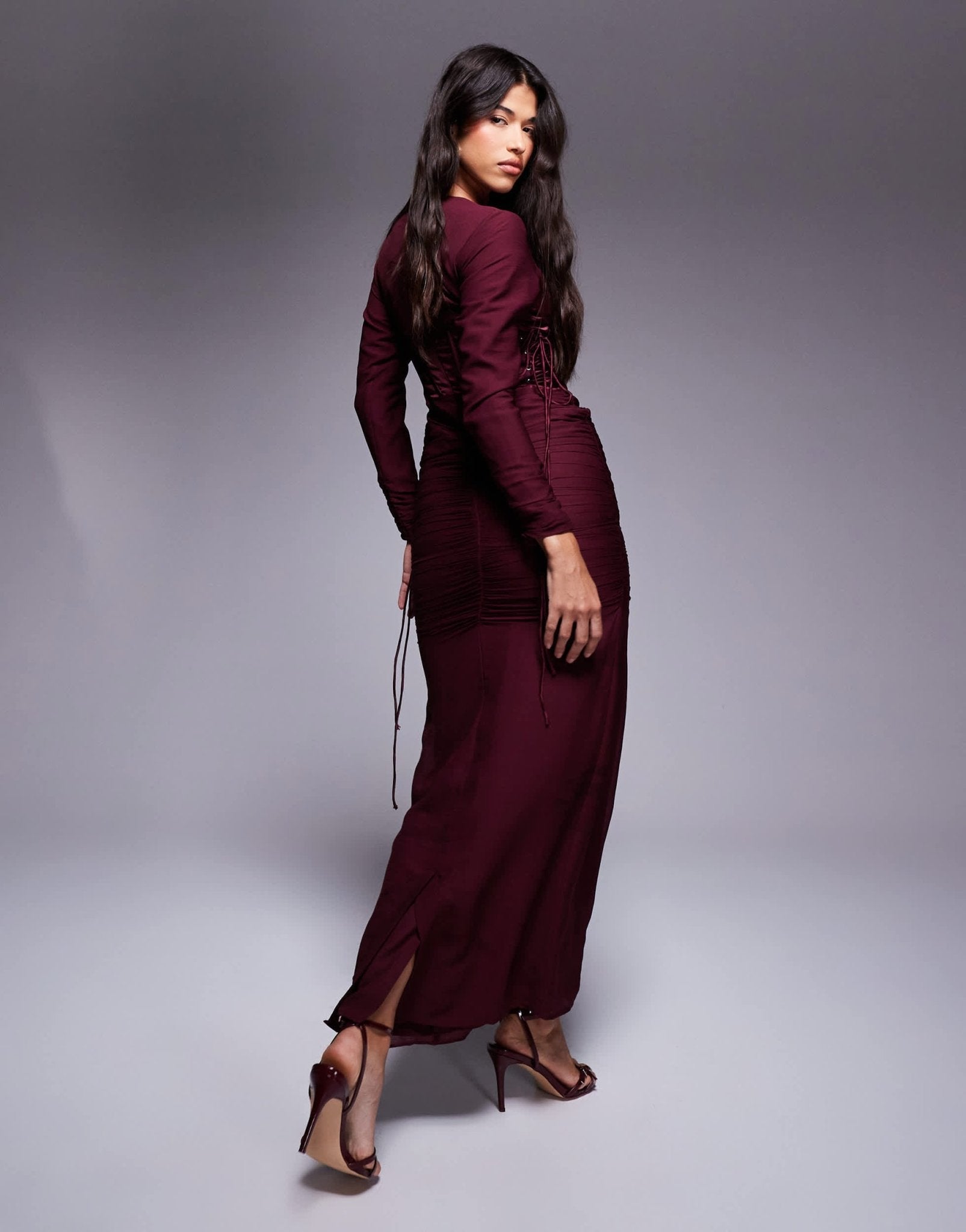 ASOS DESIGN long sleeve ruched maxi dress with satin corset detail in burgundy - ASOS Sample Sale