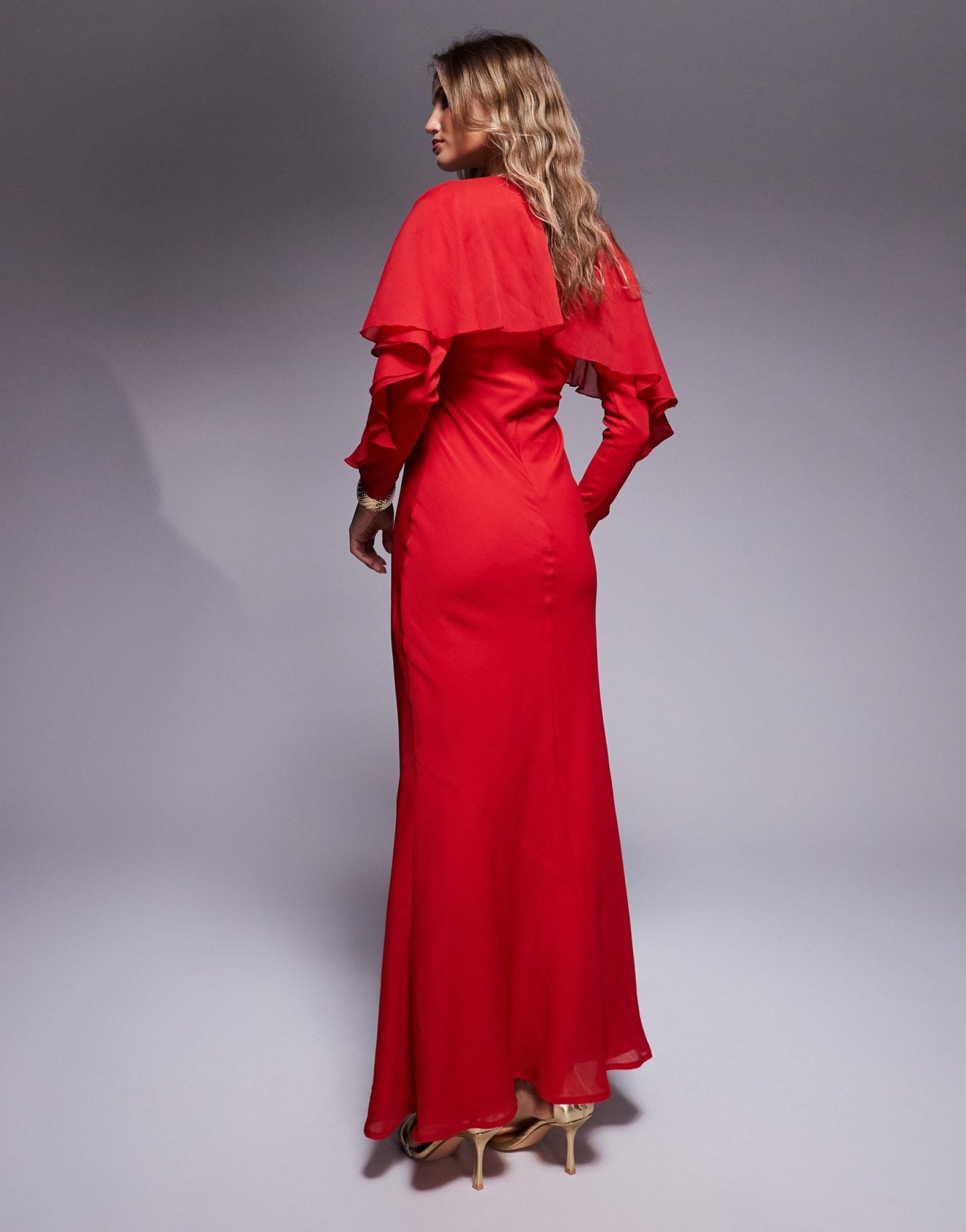 ASOS DESIGN long sleeve ruffle bias maxi dress with cape detail in red - ASOS Sample Sale