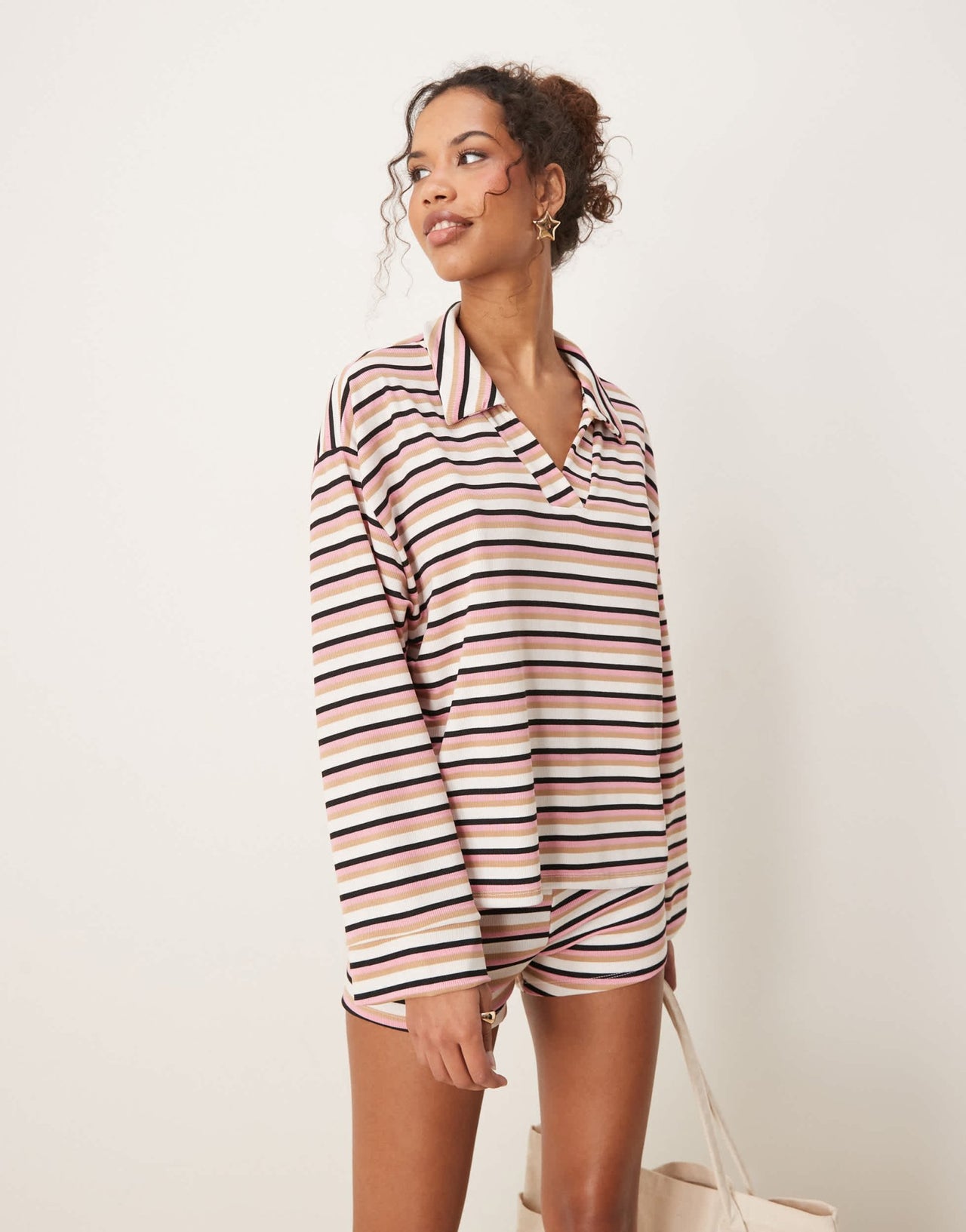 ASOS DESIGN long sleeve rugby collar top co-ord in pink stripe - ASOS Sample Sale