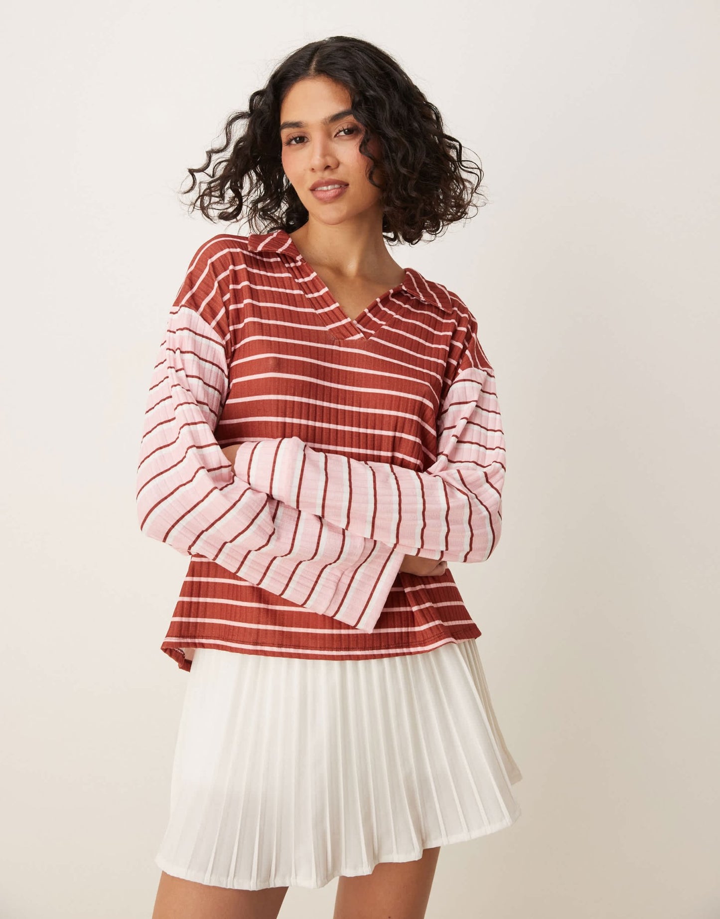 ASOS DESIGN long sleeve rugby collar top in mixed stripe - ASOS Sample Sale