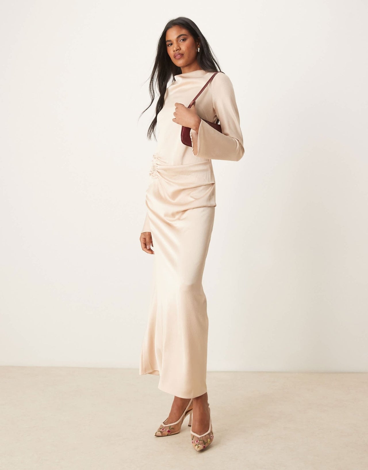 ASOS DESIGN long sleeve satin maxi dress with ruched tab detail in oyster - ASOS Sample Sale