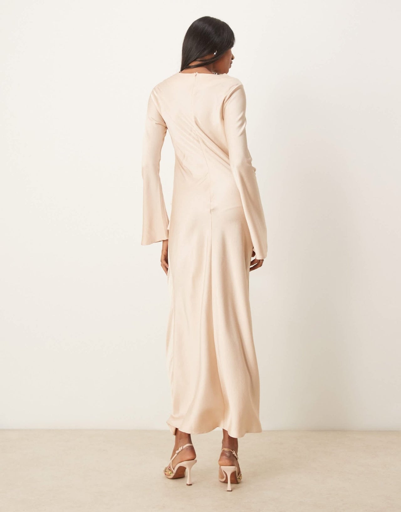 ASOS DESIGN long sleeve satin maxi dress with ruched tab detail in oyster - ASOS Sample Sale