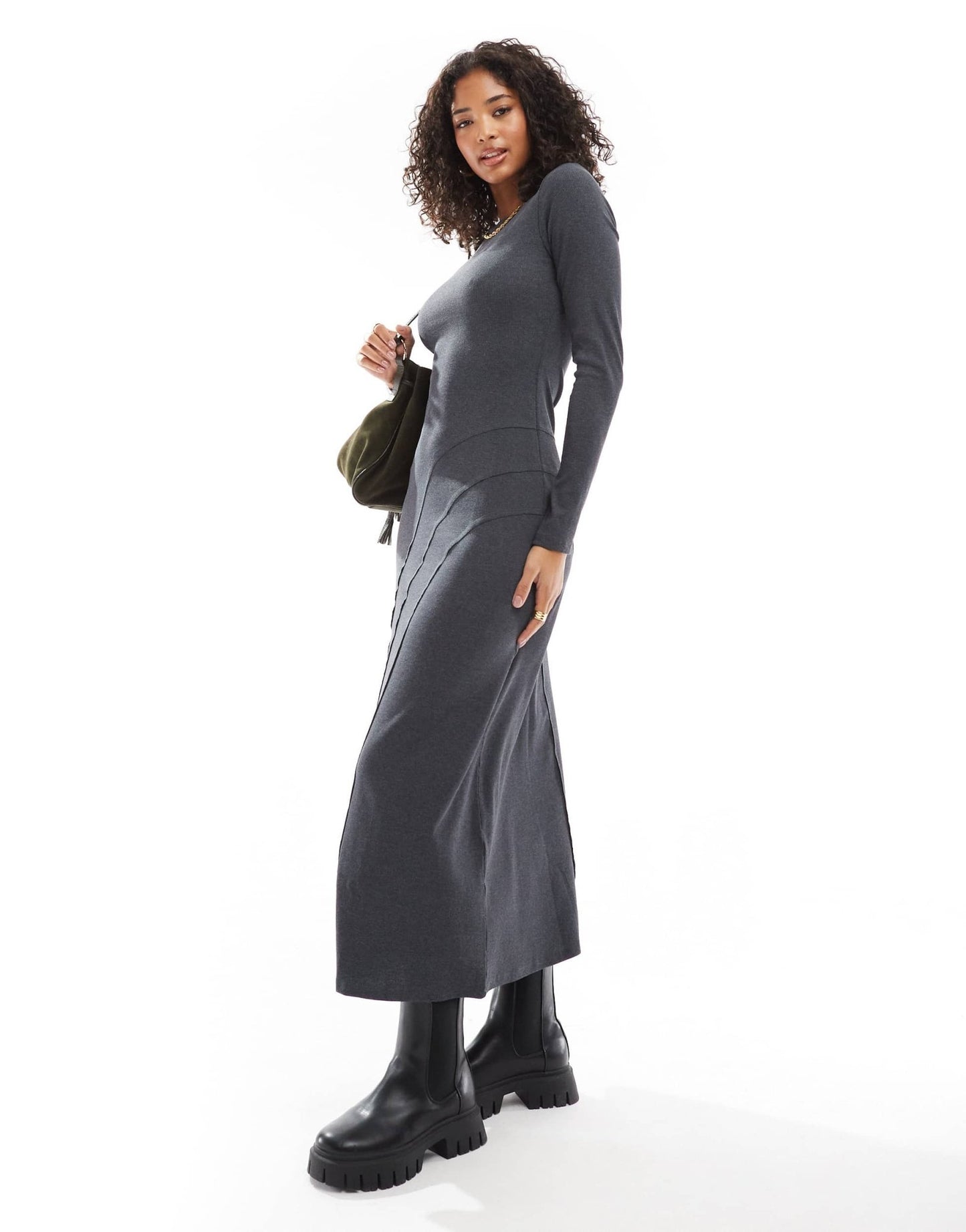 ASOS DESIGN long sleeve scoop neck midi dress with seam detail in charcoal - ASOS Sample Sale