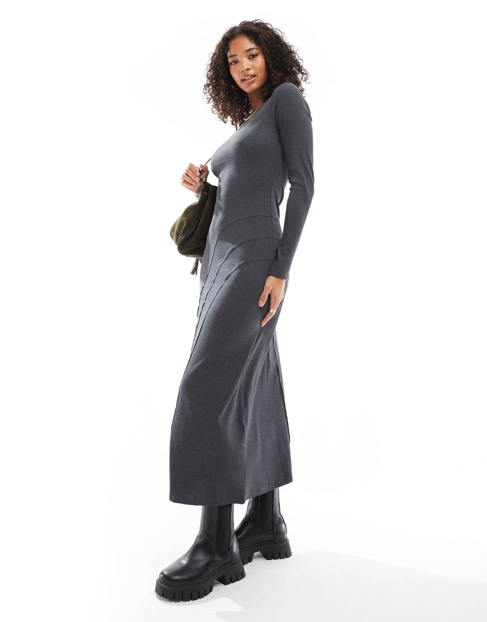 ASOS DESIGN long sleeve scoop neck midi dress with seam detail in charcoal - ASOS Sample Sale