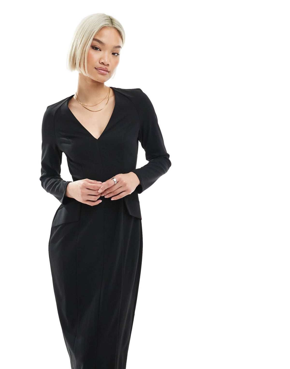 ASOS DESIGN long sleeve seam detail v-neck midi dress in black - ASOS Sample Sale