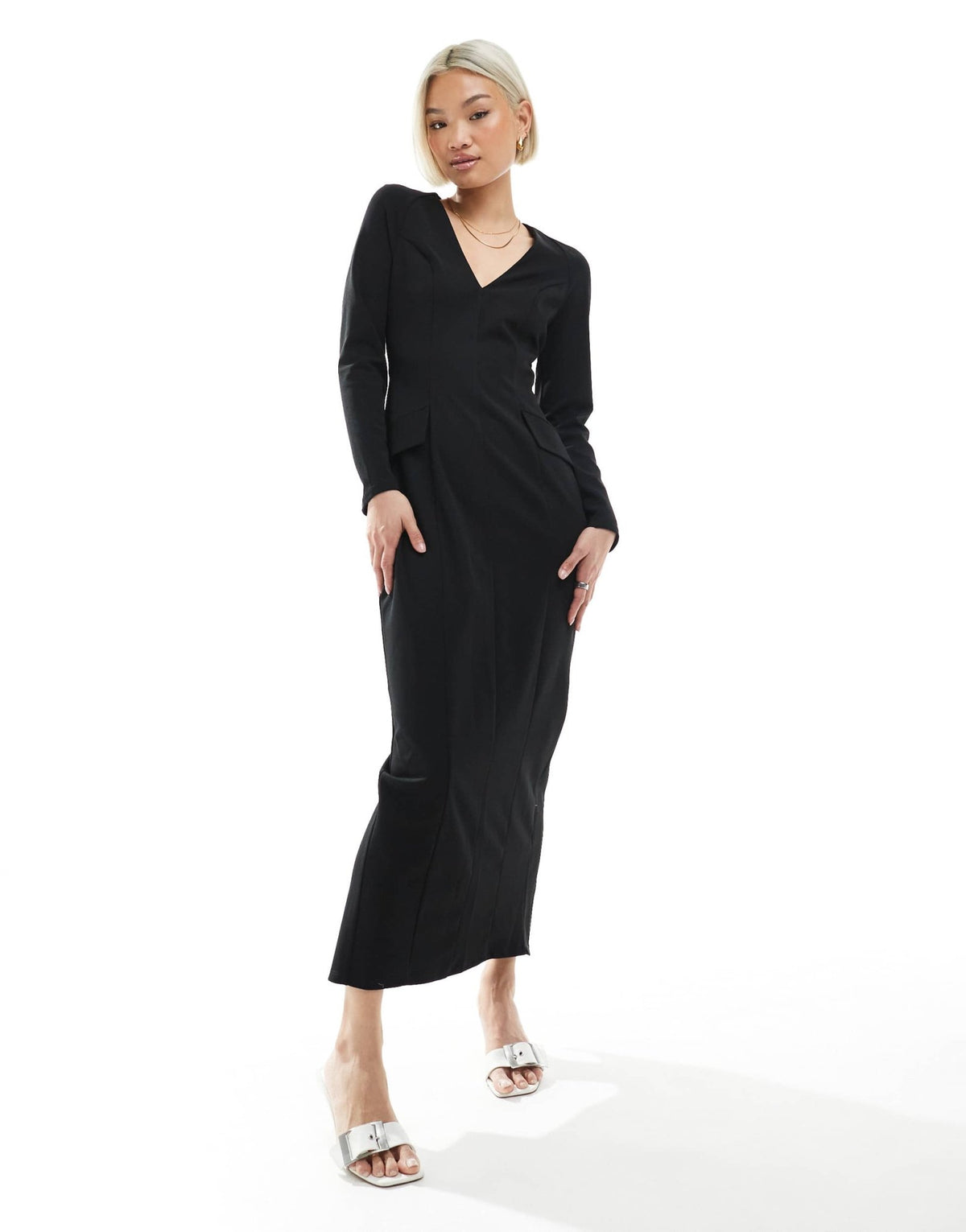 ASOS DESIGN long sleeve seam detail v-neck midi dress in black - ASOS Sample Sale