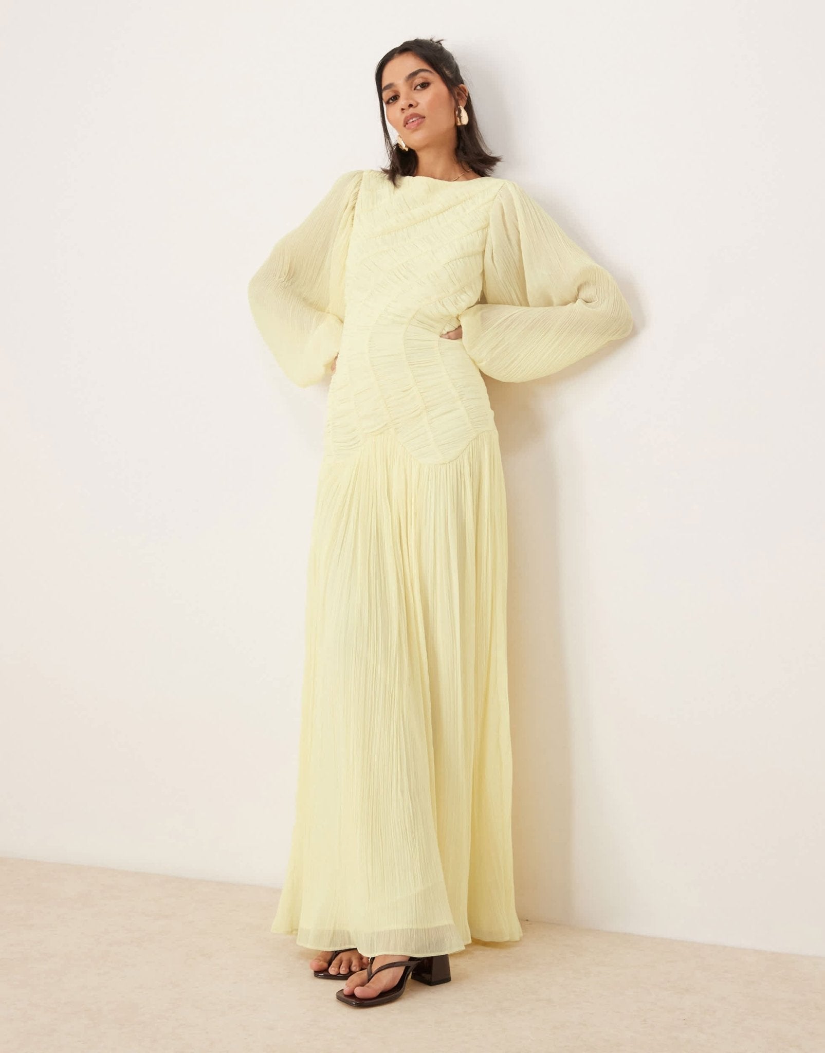 ASOS DESIGN long sleeve shirred crinkle maxi dress with dropped waist in lemon yellow - ASOS Sample Sale