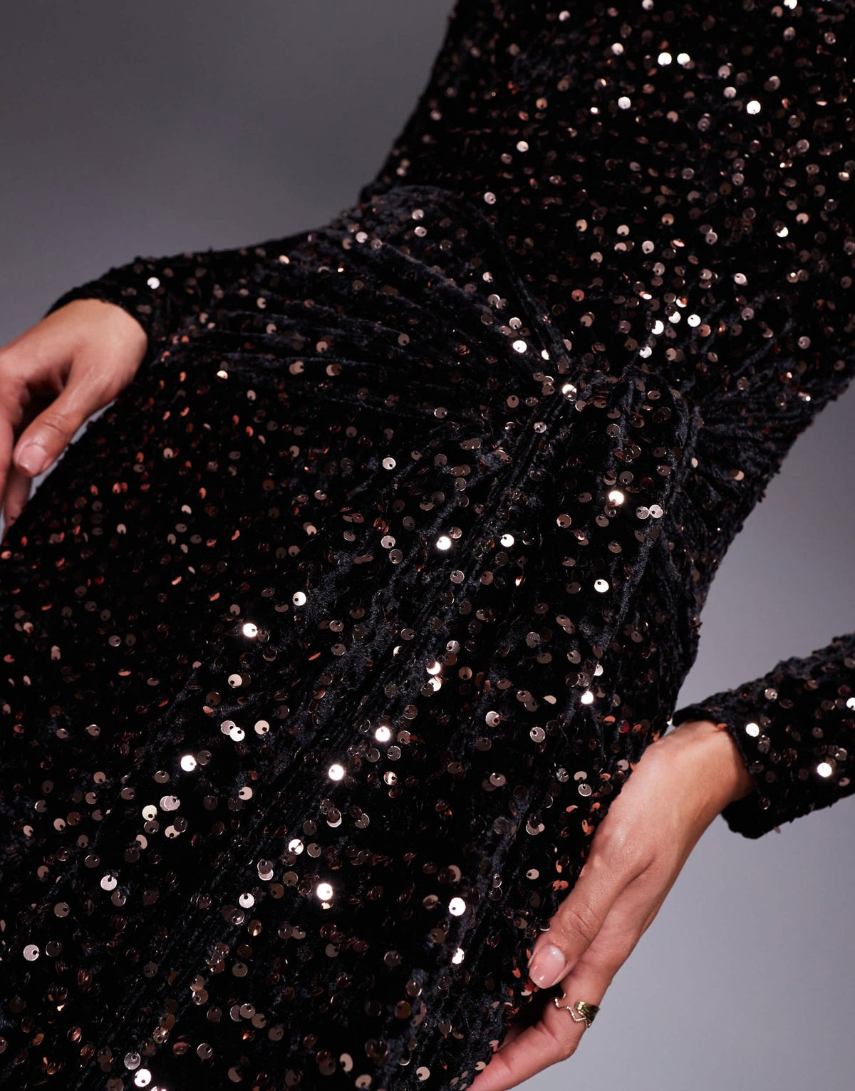 ASOS DESIGN long sleeve shoulder pad sequin mini dress with sash detail in black velvet - ASOS Sample Sale