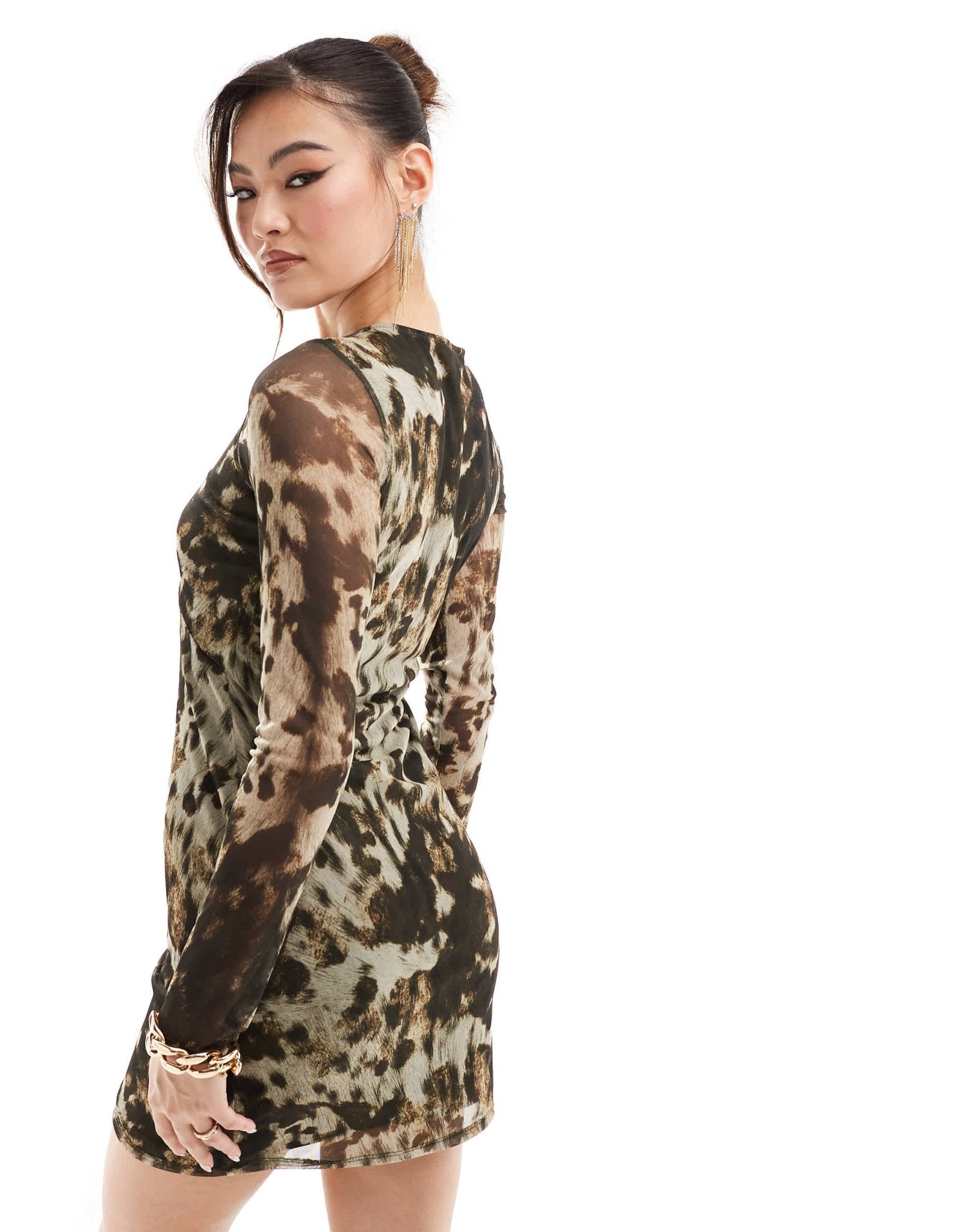 ASOS DESIGN long sleeve slash neck mini dress in brown cow print - ASOS Sample Sale