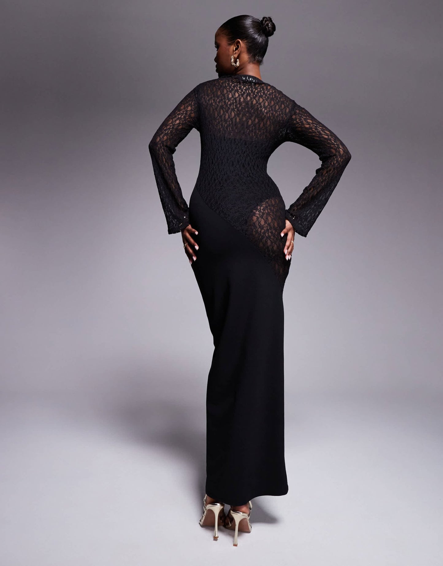 ASOS DESIGN long sleeve slash neck spliced lace mix maxi dress in black - ASOS Sample Sale