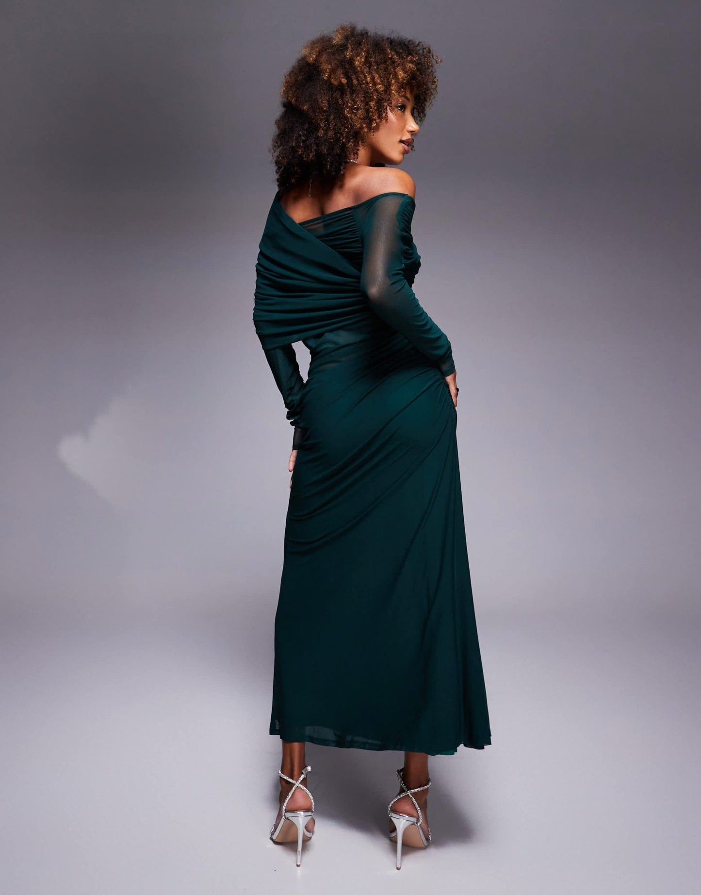 ASOS DESIGN long sleeve slouchy bardot mesh mix maxi dress in bottle green - ASOS Sample Sale