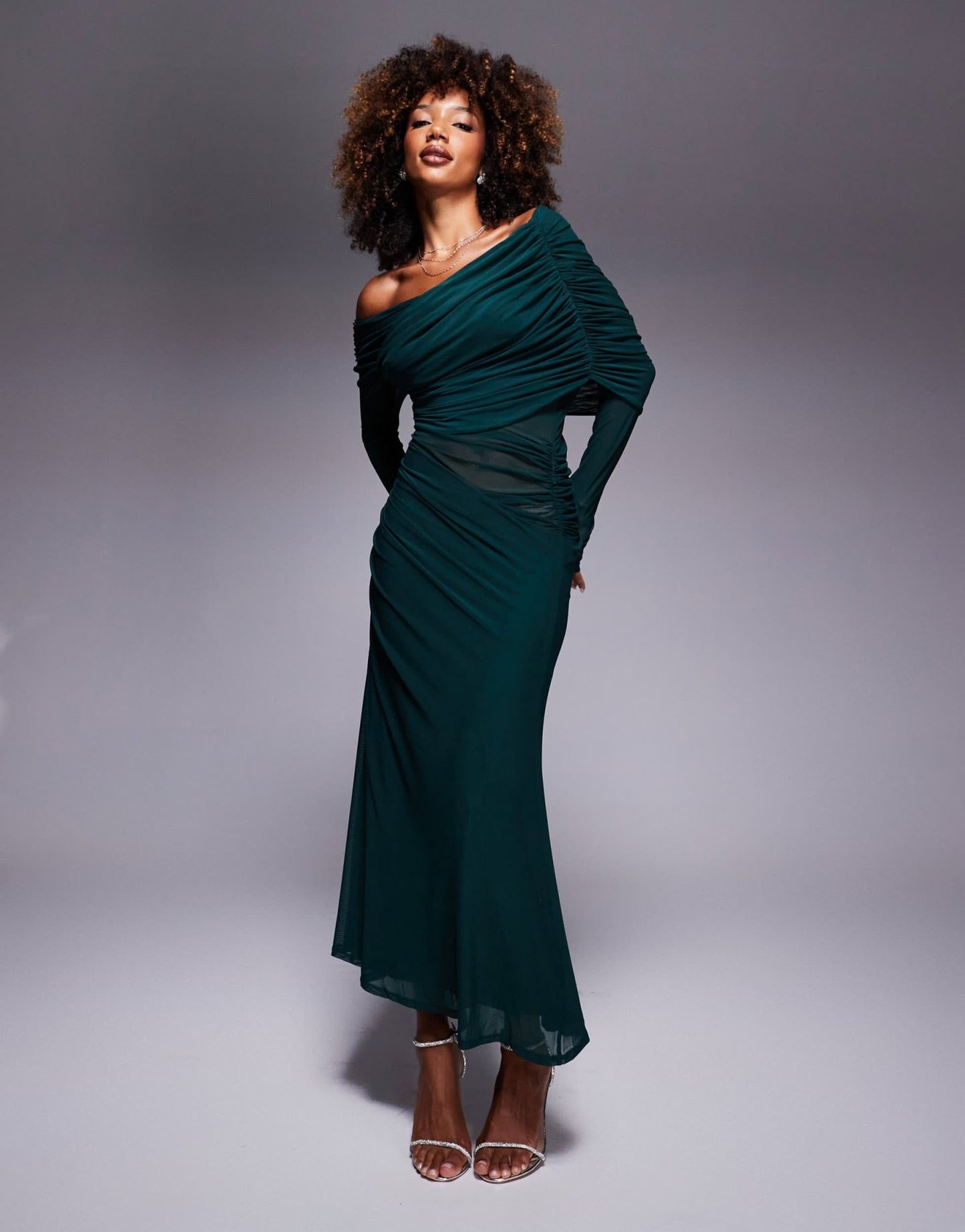 ASOS DESIGN long sleeve slouchy bardot mesh mix maxi dress in bottle green - ASOS Sample Sale